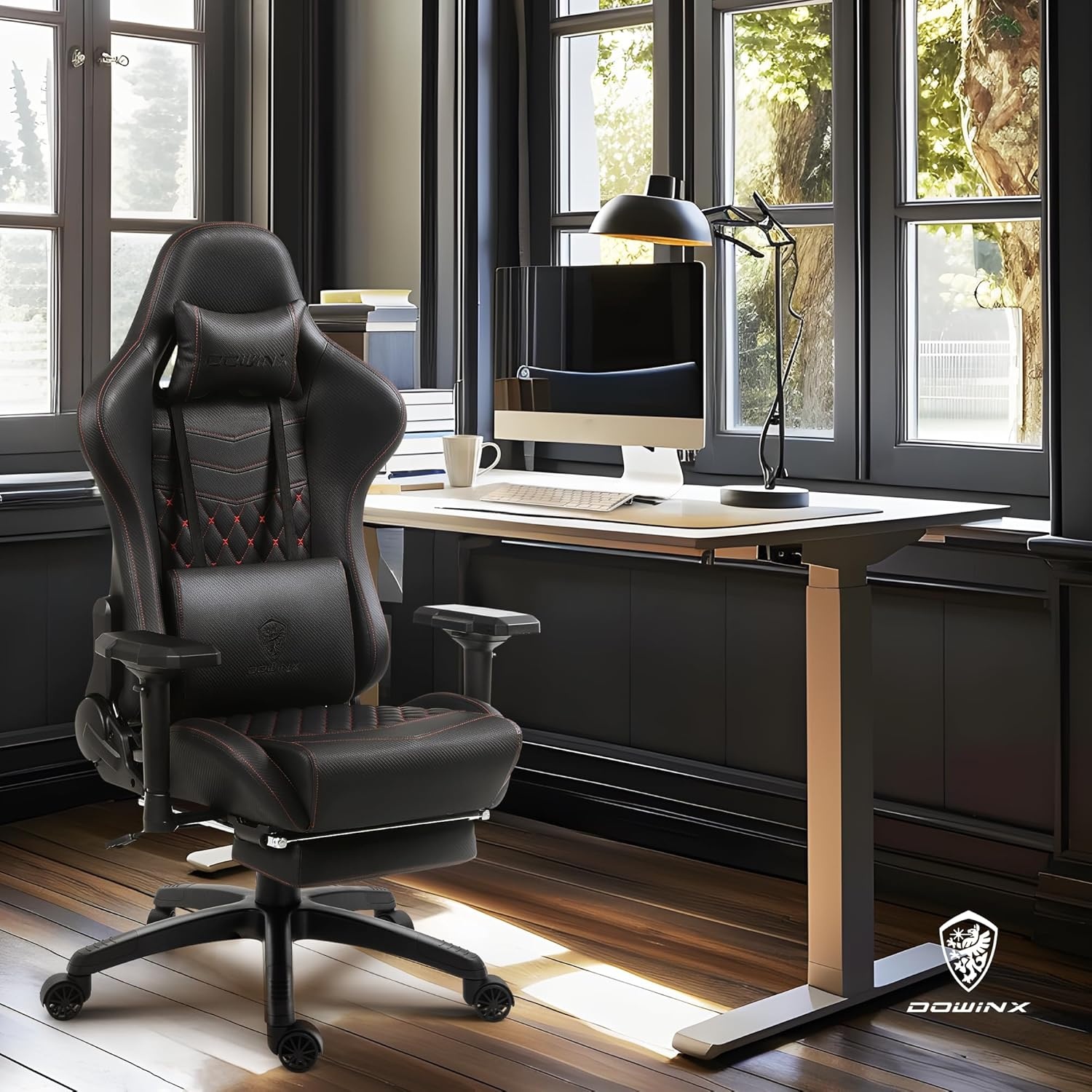 image:imageDowinx Big amp Tall Vintage Gaming Chair for Adults 400 lb Capacity Heavy Duty Ergonomic Computer Chair with Massage Lumbar Footrest amp Easy Side Recline BlackDark Black
