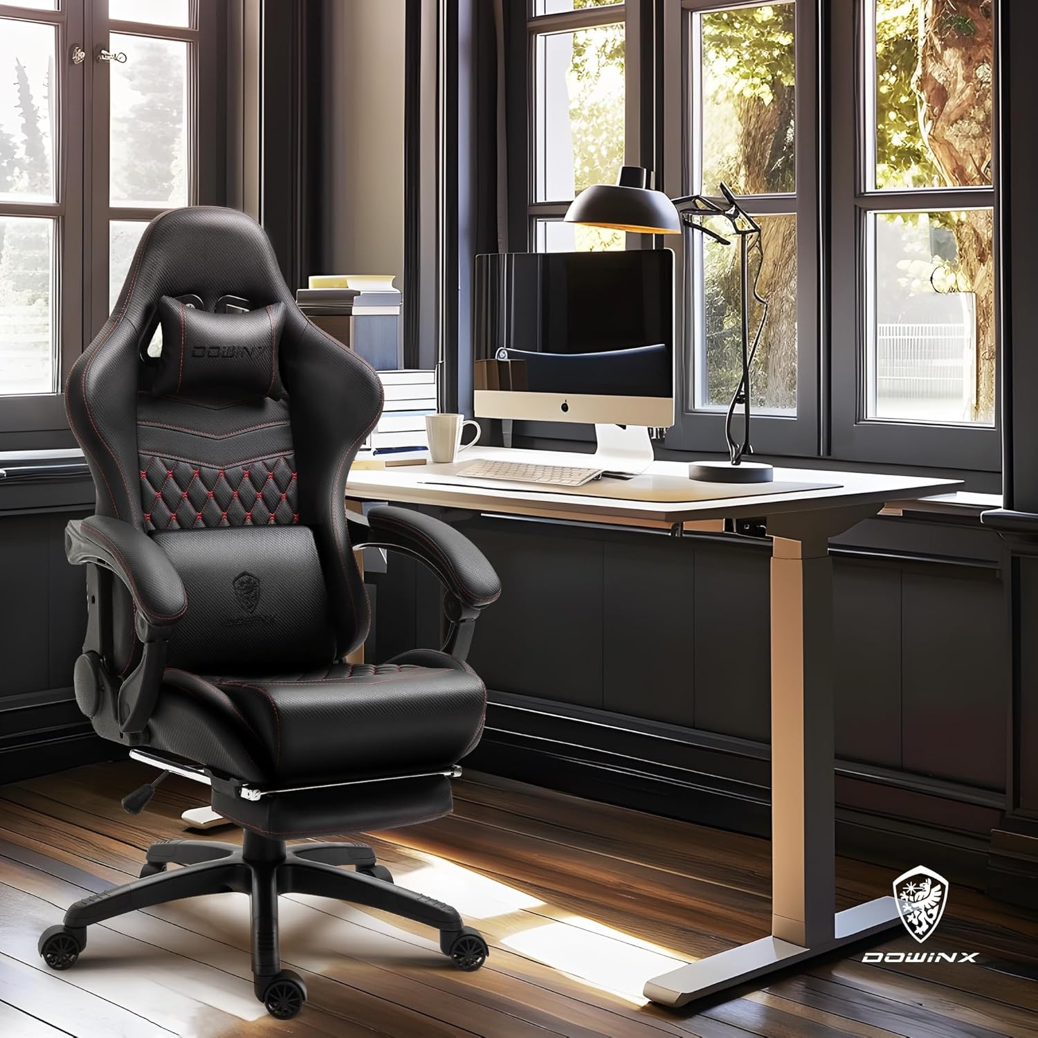 image:imageDowinx Big amp Tall Vintage Gaming Chair for Adults 400 lb Capacity Heavy Duty Ergonomic Computer Chair with Massage Lumbar Footrest amp Easy Side Recline BlackBlack