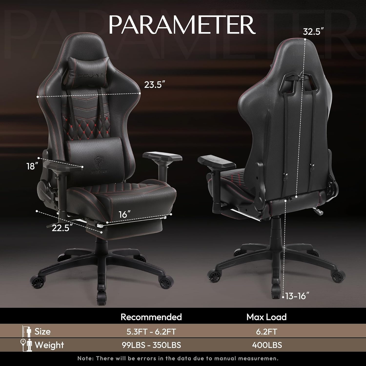image:imageDowinx Big amp Tall Vintage Gaming Chair for Adults 400 lb Capacity Heavy Duty Ergonomic Computer Chair with Massage Lumbar Footrest amp Easy Side Recline BlackDark Black