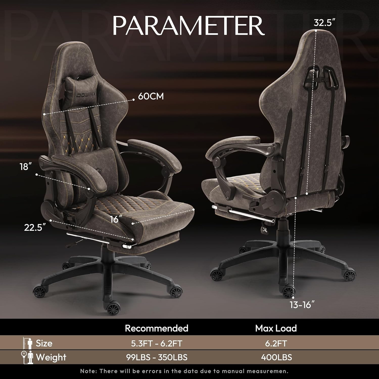 image:imageDowinx Big amp Tall Vintage Gaming Chair for Adults 400 lb Capacity Heavy Duty Ergonomic Computer Chair with Massage Lumbar Footrest amp Easy Side Recline BlackBrown