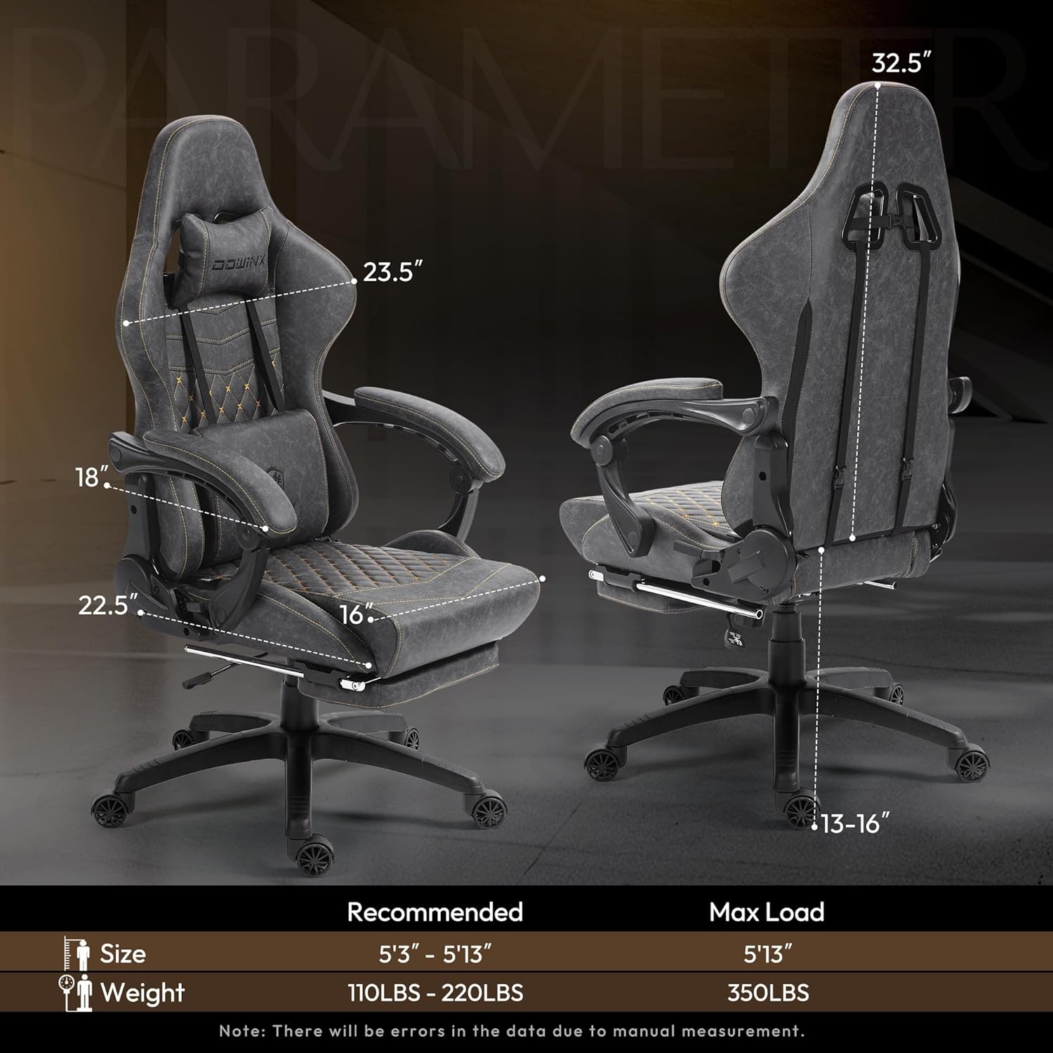 image:imageDowinx Big amp Tall Vintage Gaming Chair for Adults 400 lb Capacity Heavy Duty Ergonomic Computer Chair with Massage Lumbar Footrest amp Easy Side Recline BlackGrey