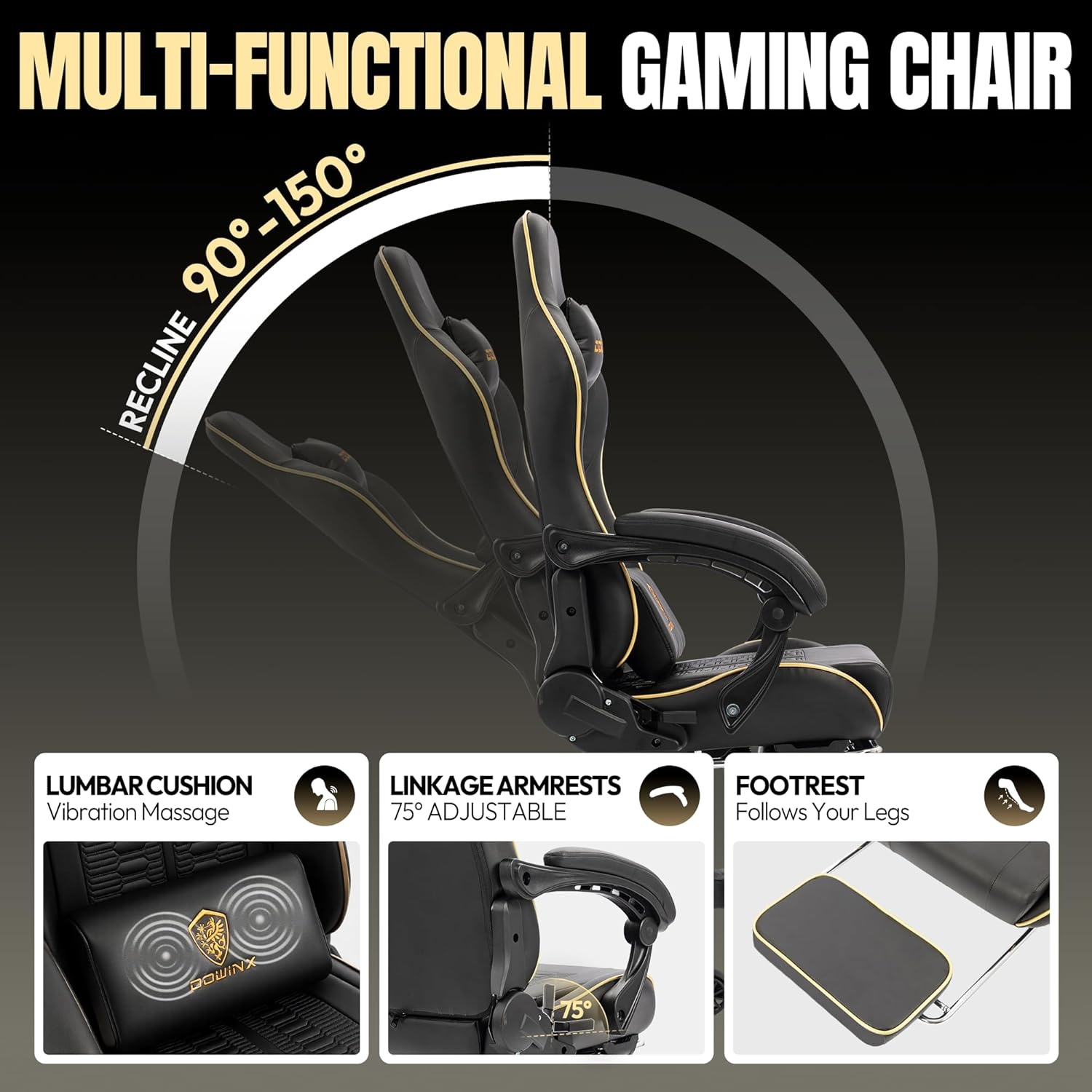 image:imageDowinx Big and Tall Gaming Chair 350LBS Racing Style Ergonomic Computer Chair with SideMounted Recline Control Footrest amp Massage Lumbar High Back Chair with Embroidered Design for Work BlackBlack