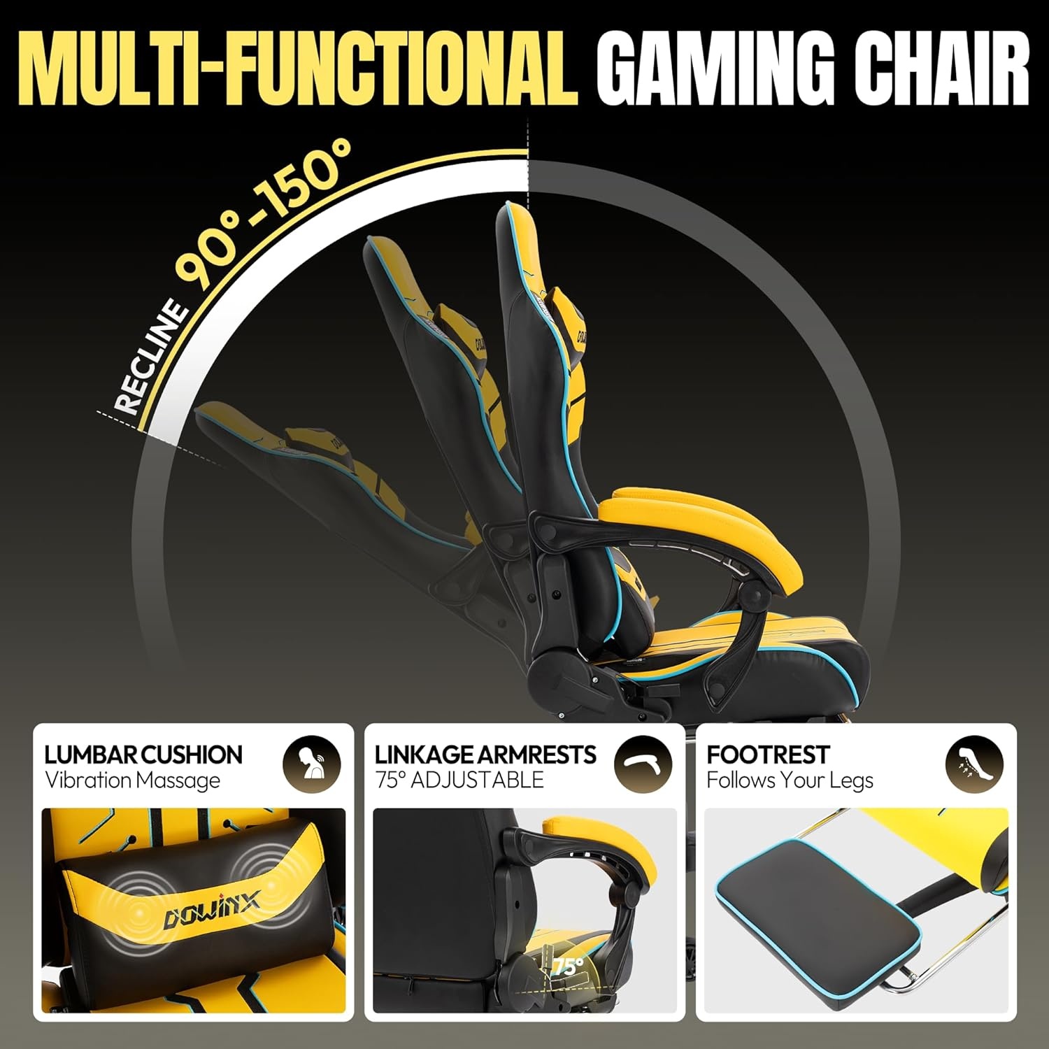 image:imageDowinx Big and Tall Gaming Chair 350LBS Racing Style Ergonomic Computer Chair with SideMounted Recline Control Footrest amp Massage Lumbar High Back Chair with Embroidered Design for Work BlackYellow