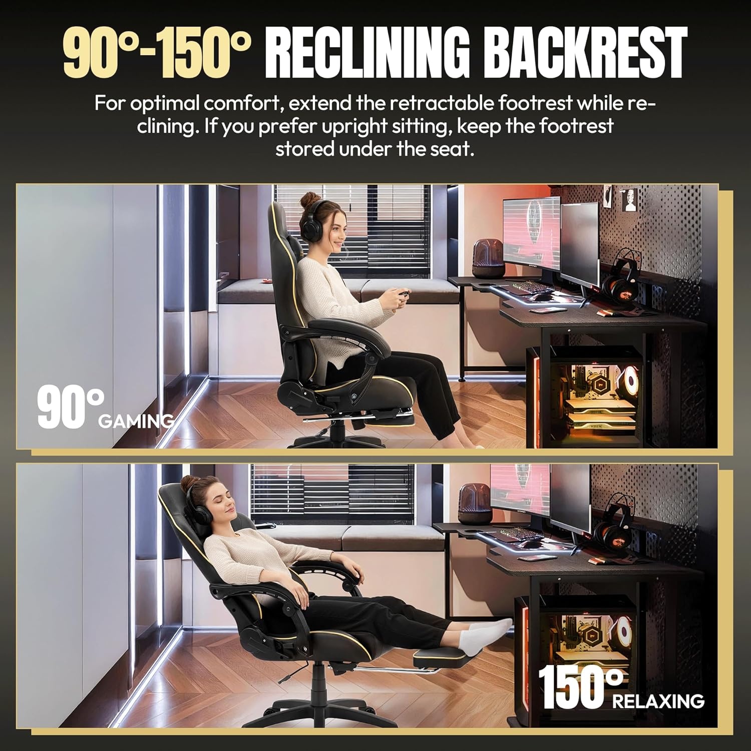 image:imageDowinx Big and Tall Gaming Chair 350LBS Racing Style Ergonomic Computer Chair with SideMounted Recline Control Footrest amp Massage Lumbar High Back Chair with Embroidered Design for Work BlackBlack