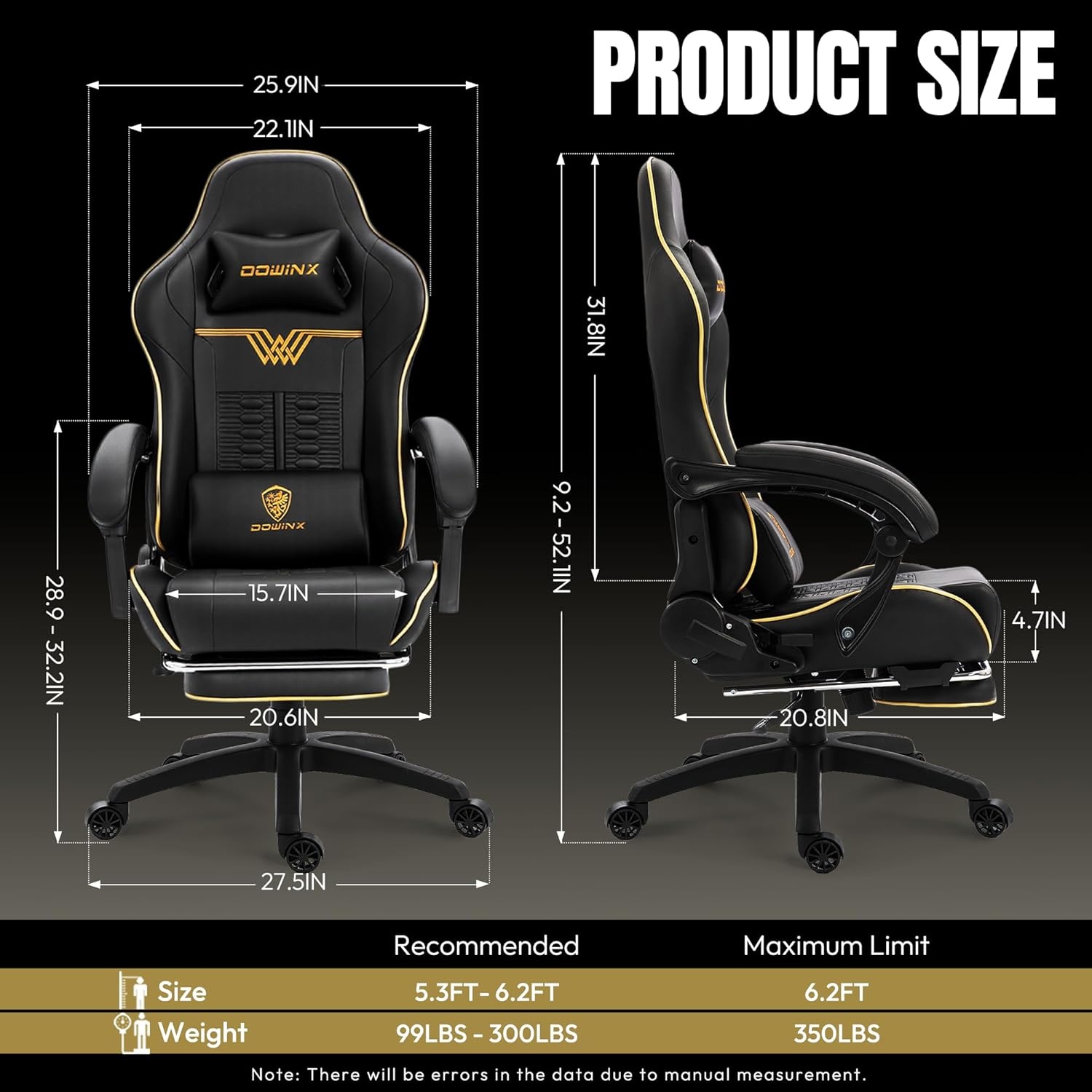 image:imageDowinx Big and Tall Gaming Chair 350LBS Racing Style Ergonomic Computer Chair with SideMounted Recline Control Footrest amp Massage Lumbar High Back Chair with Embroidered Design for Work BlackBlack