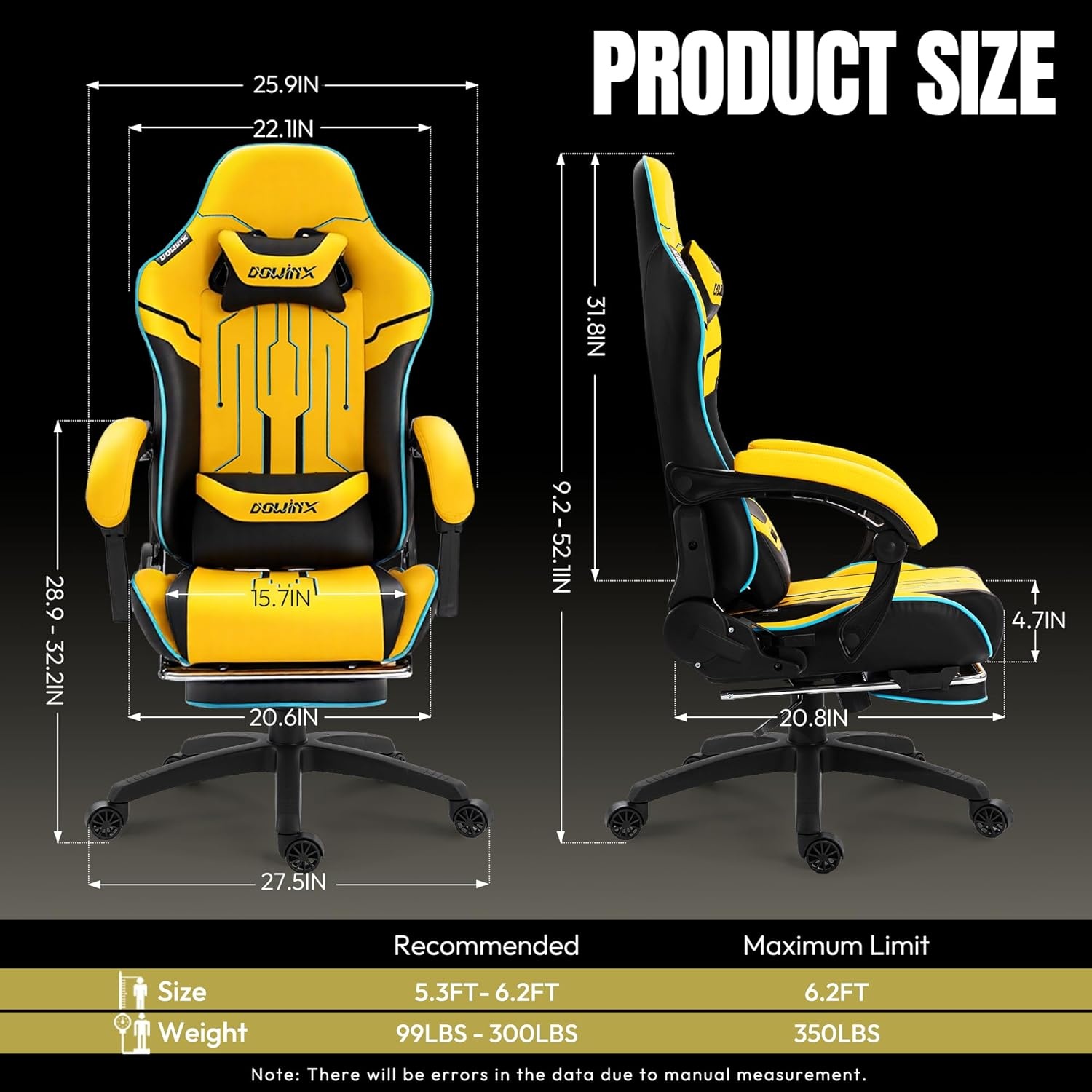 image:imageDowinx Big and Tall Gaming Chair 350LBS Racing Style Ergonomic Computer Chair with SideMounted Recline Control Footrest amp Massage Lumbar High Back Chair with Embroidered Design for Work BlackYellow