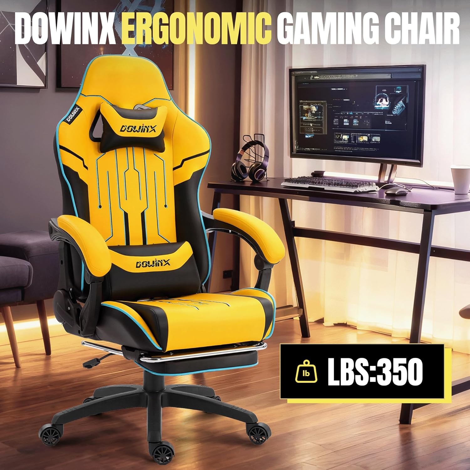 image:imageDowinx Big and Tall Gaming Chair 350LBS Racing Style Ergonomic Computer Chair with SideMounted Recline Control Footrest amp Massage Lumbar High Back Chair with Embroidered Design for Work BlackYellow
