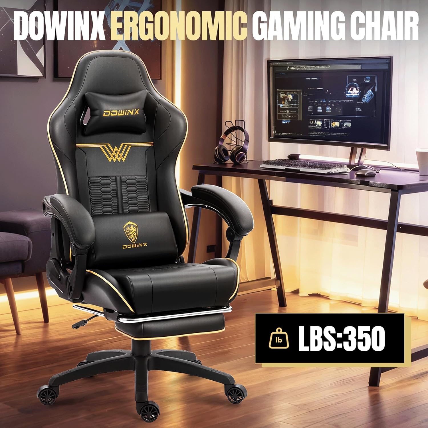 image:imageDowinx Big and Tall Gaming Chair 350LBS Racing Style Ergonomic Computer Chair with SideMounted Recline Control Footrest amp Massage Lumbar High Back Chair with Embroidered Design for Work BlackBlack