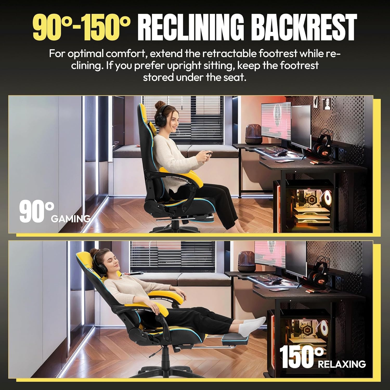 image:imageDowinx Big and Tall Gaming Chair 350LBS Racing Style Ergonomic Computer Chair with SideMounted Recline Control Footrest amp Massage Lumbar High Back Chair with Embroidered Design for Work BlackYellow