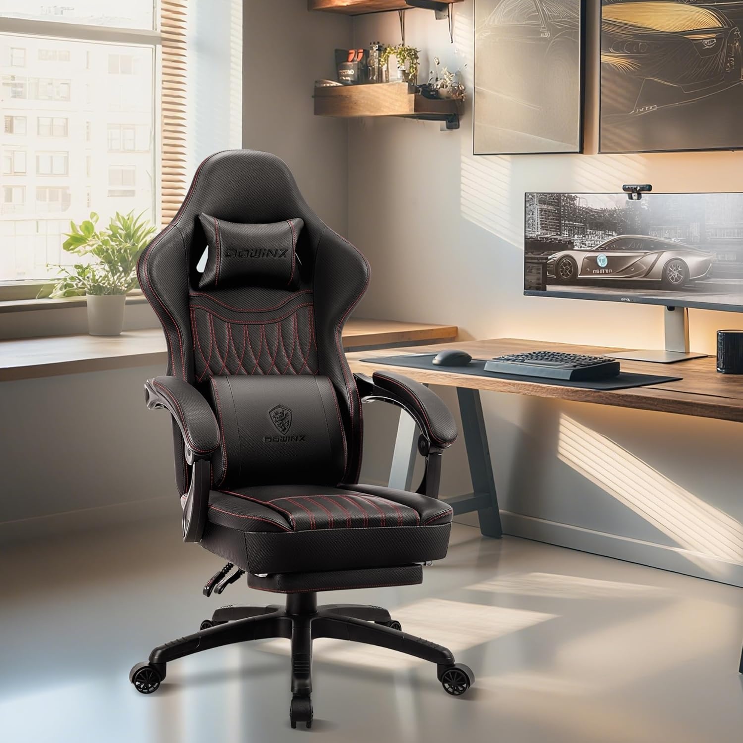 image:imageDowinx Gaming Chair Breathable PU Leather Gamer Chair with Footrest Massage Lumbar Support Big and Tall Ergonomic Reclining Computer Chair with Pocket Spring Cushion for Adults Teens BlackampWhiteBlack