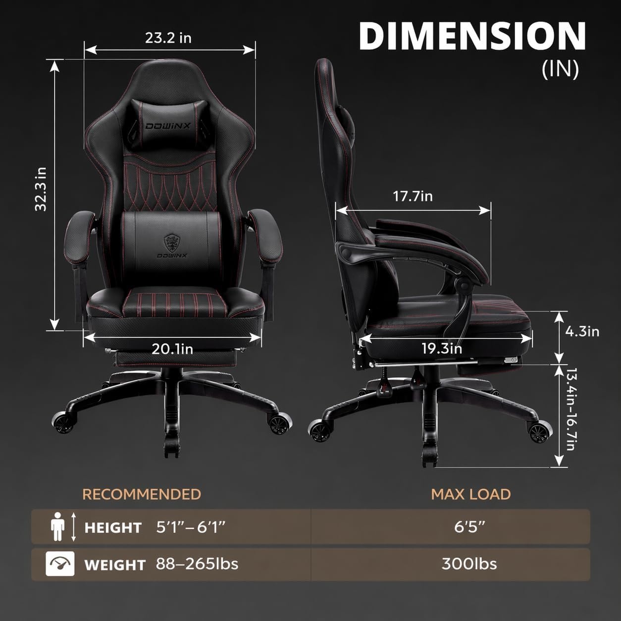 image:imageDowinx Gaming Chair Breathable PU Leather Gamer Chair with Footrest Massage Lumbar Support Big and Tall Ergonomic Reclining Computer Chair with Pocket Spring Cushion for Adults Teens BlackampWhiteBlack