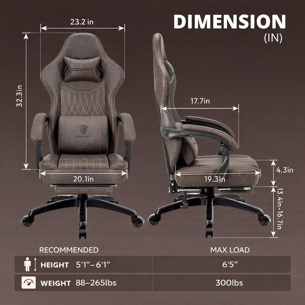 image:imageDowinx Gaming Chair Breathable PU Leather Gamer Chair with Footrest Massage Lumbar Support Big and Tall Ergonomic Reclining Computer Chair with Pocket Spring Cushion for Adults Teens BlackampWhiteBrown