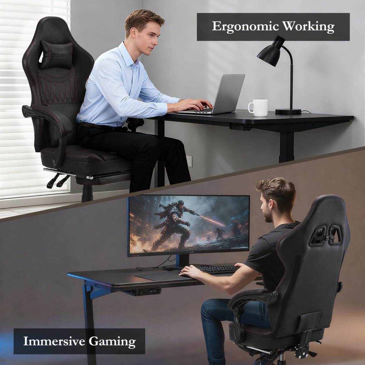 image:imageDowinx Gaming Chair Breathable PU Leather Gamer Chair with Footrest Massage Lumbar Support Big and Tall Ergonomic Reclining Computer Chair with Pocket Spring Cushion for Adults Teens BlackampWhiteBlack