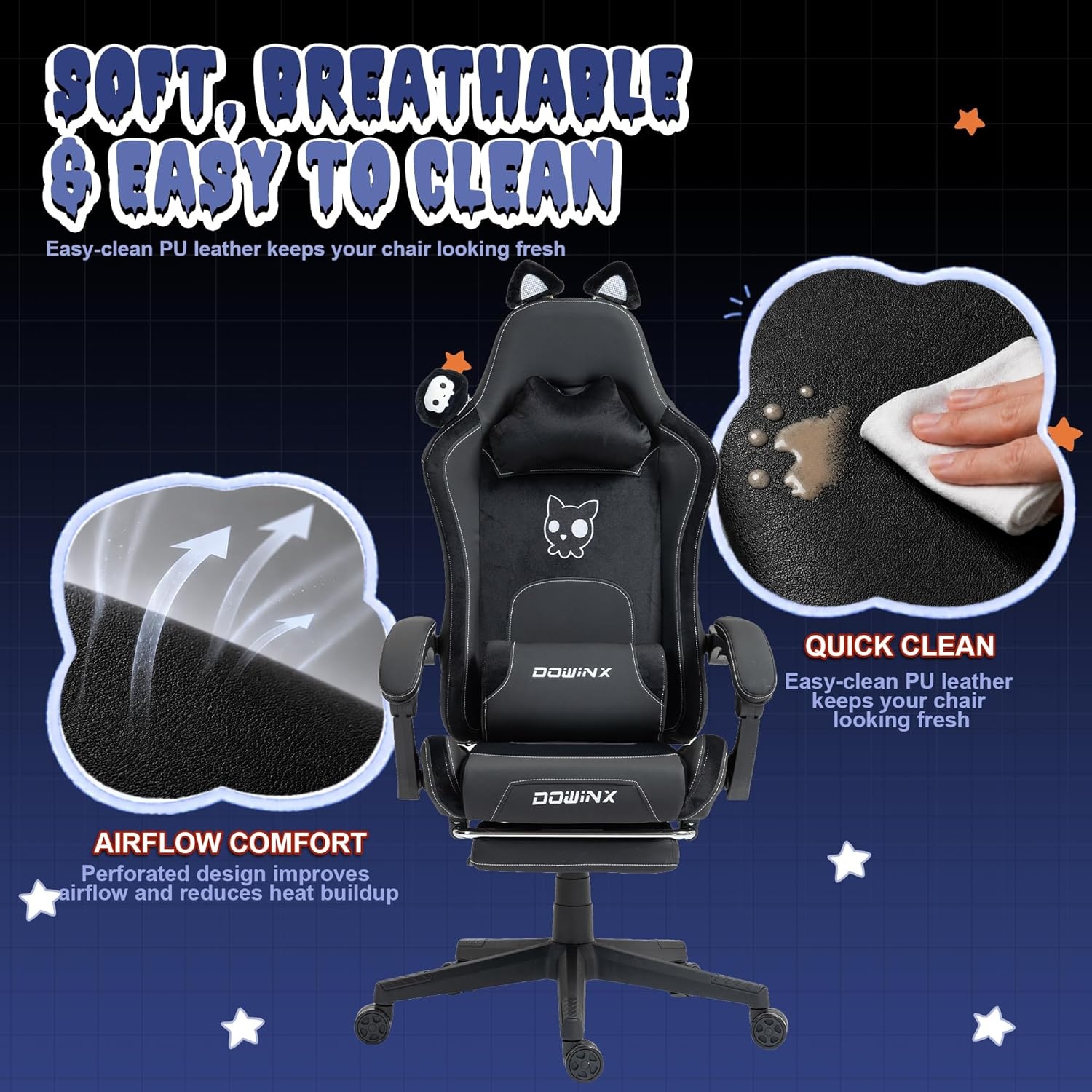 image:imageDowinx Gaming Chair Cute with Cat Ears and Massage Lumbar Support Ergonomic Computer Chair for Girl with Footrest and Headrest Comfortable Reclining Game Chair 290lbs for Adult Teen Blue GreenAll Black