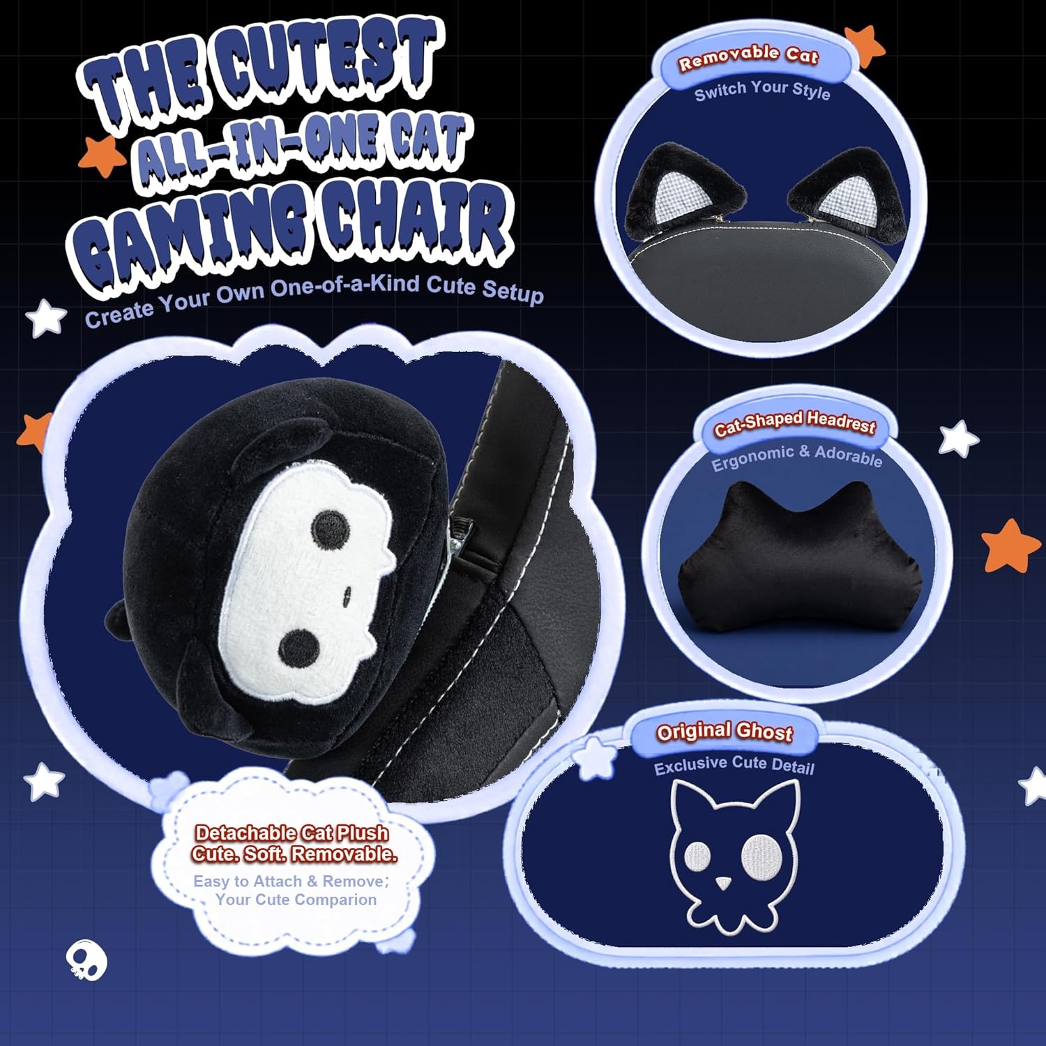 image:imageDowinx Gaming Chair Cute with Cat Ears and Massage Lumbar Support Ergonomic Computer Chair for Girl with Footrest and Headrest Comfortable Reclining Game Chair 290lbs for Adult Teen Blue GreenAll Black