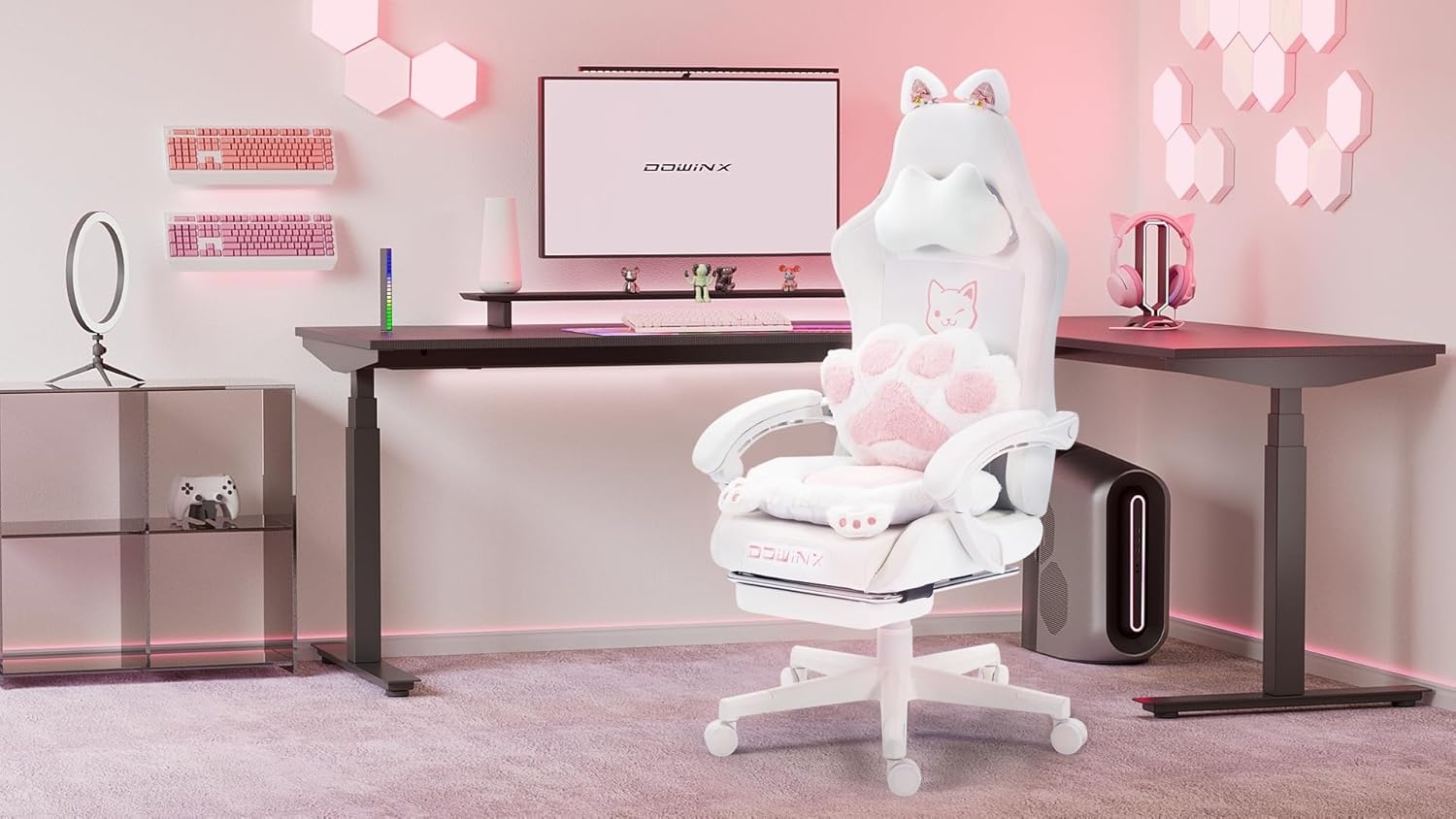 image:imageDowinx Gaming Chair Cute with Cat Ears and Massage Lumbar Support Ergonomic Computer Chair for Girl with Footrest and Headrest Comfortable Reclining Game Chair 290lbs for Adult Teen Blue GreenWhite