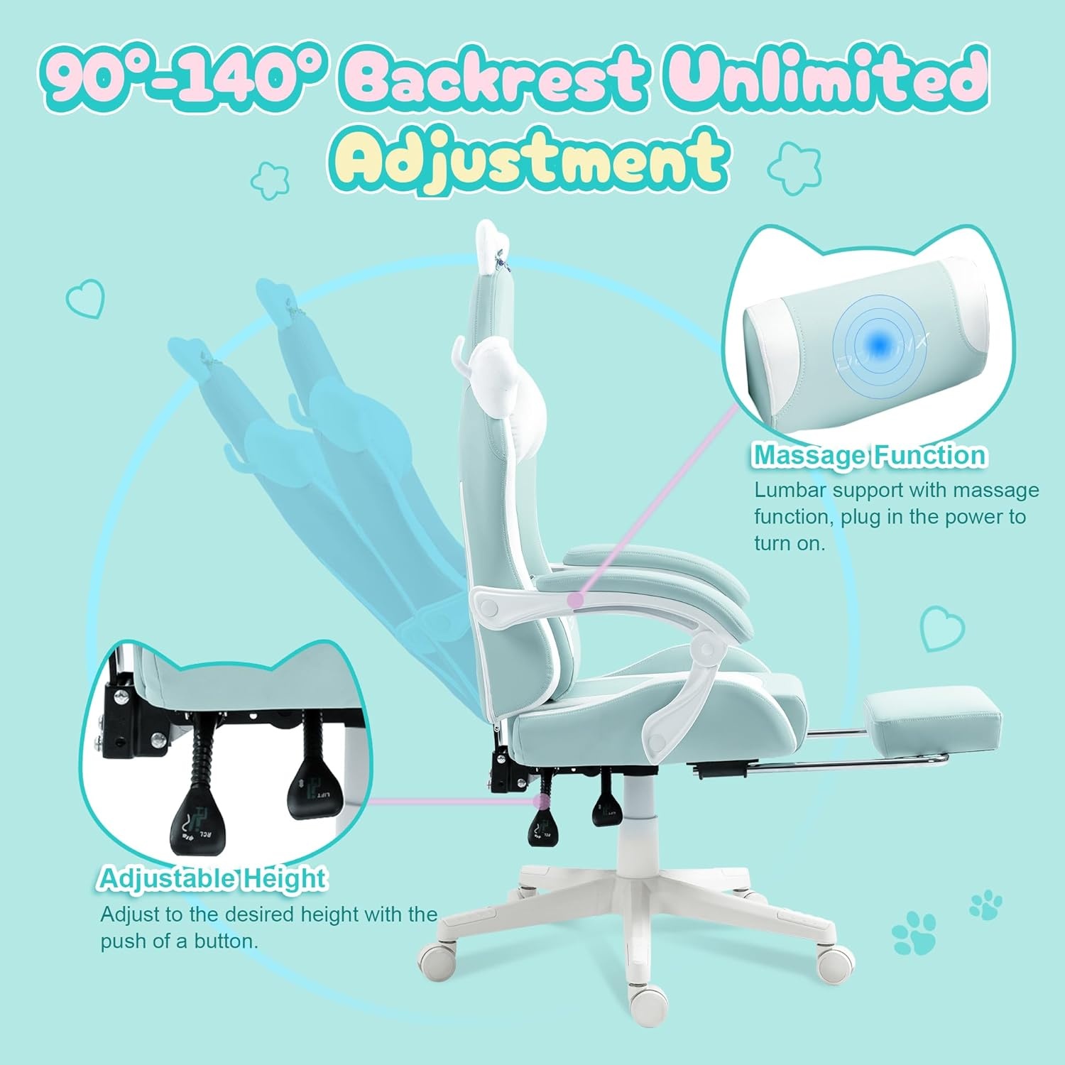 image:imageDowinx Gaming Chair Cute with Cat Ears and Massage Lumbar Support Ergonomic Computer Chair for Girl with Footrest and Headrest Comfortable Reclining Game Chair 290lbs for Adult Teen Blue GreenBlue