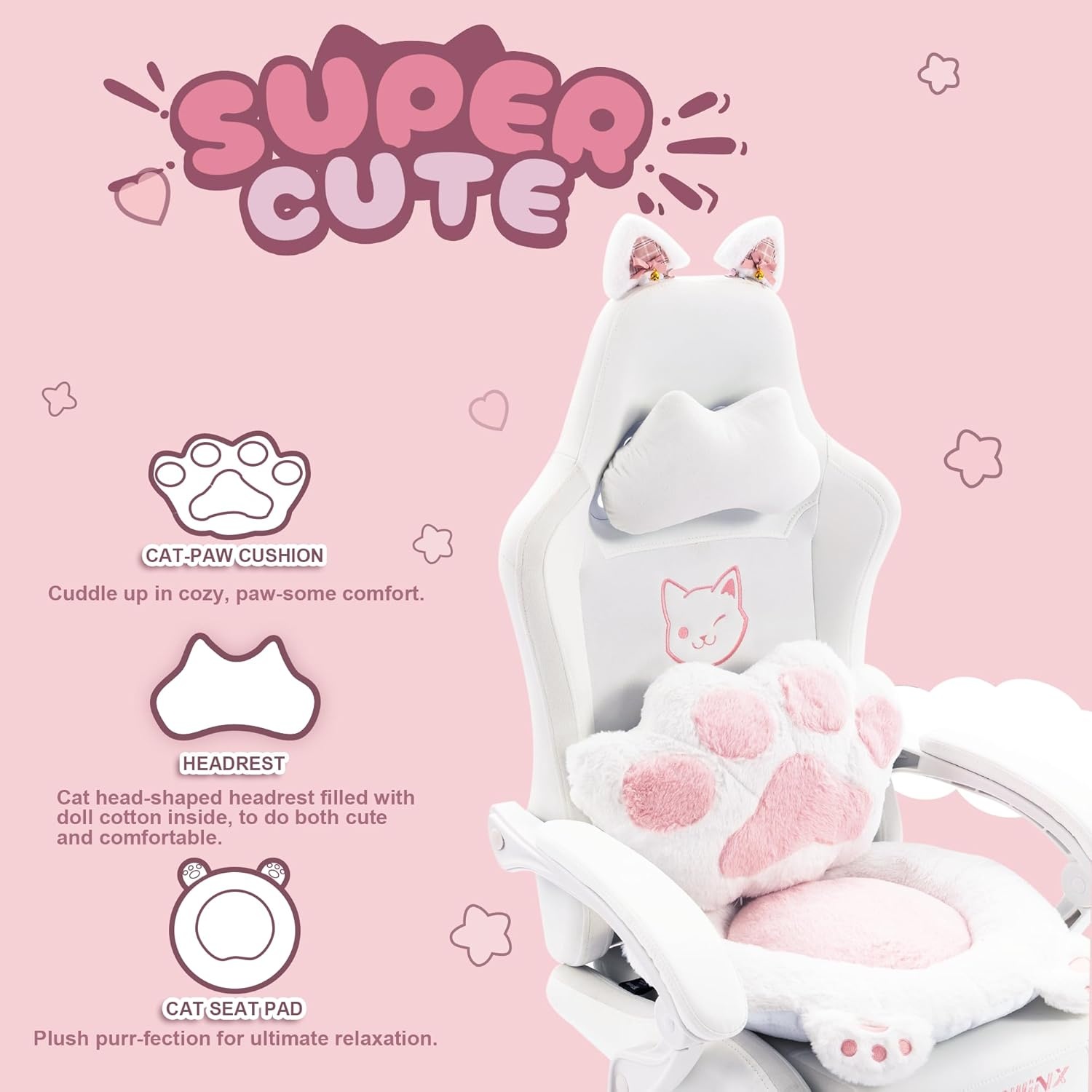 image:imageDowinx Gaming Chair Cute with Cat Ears and Massage Lumbar Support Ergonomic Computer Chair for Girl with Footrest and Headrest Comfortable Reclining Game Chair 290lbs for Adult Teen Blue GreenWhite