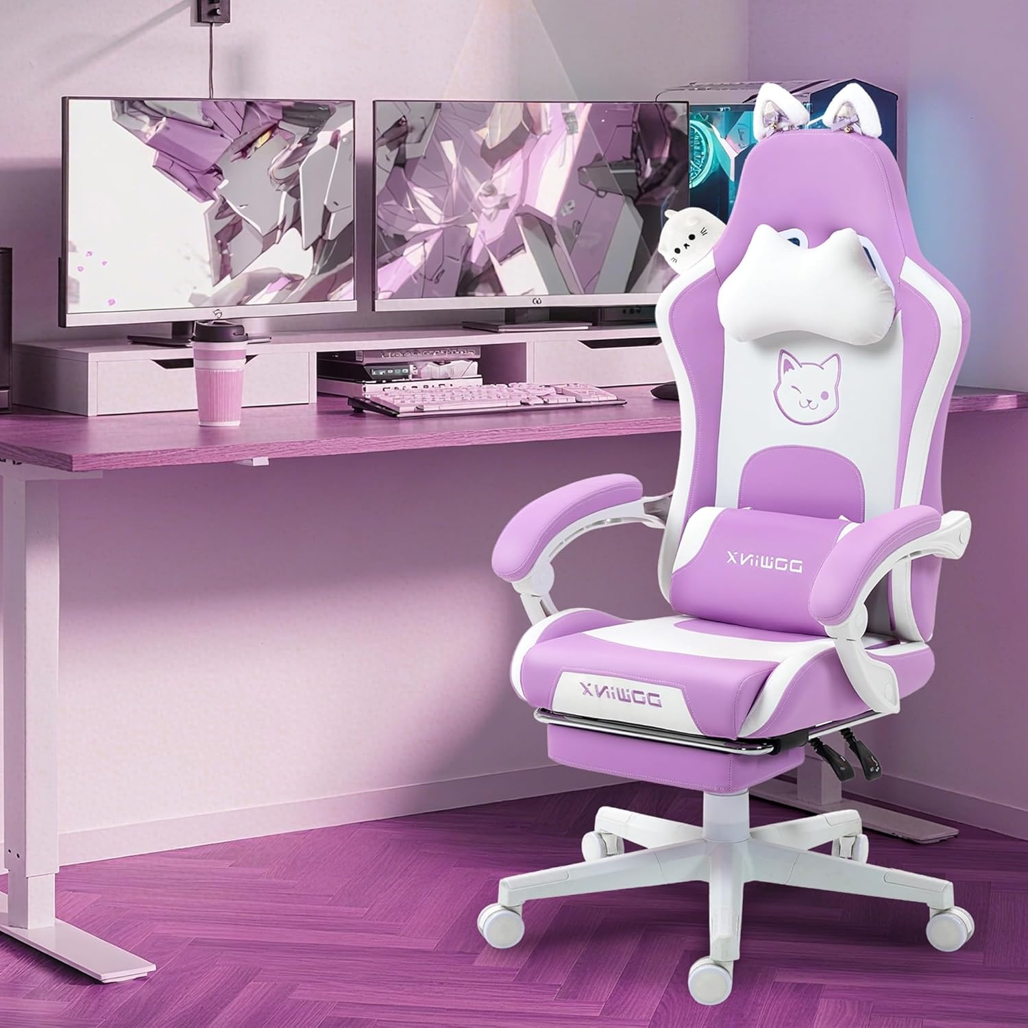 image:imageDowinx Gaming Chair Cute with Cat Ears and Massage Lumbar Support Ergonomic Computer Chair for Girl with Footrest and Headrest Comfortable Reclining Game Chair 290lbs for Adult Teen Blue GreenPurple