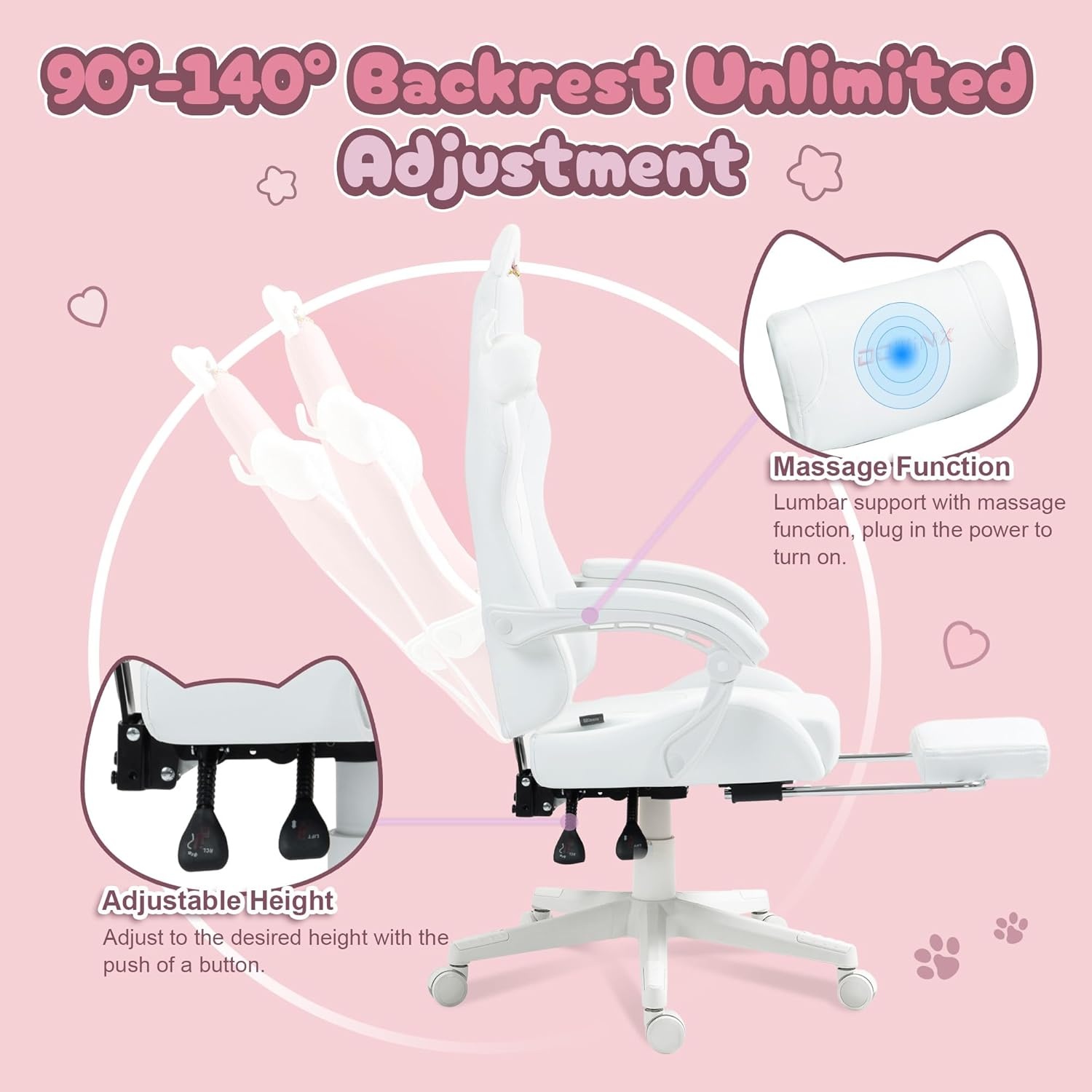image:imageDowinx Gaming Chair Cute with Cat Ears and Massage Lumbar Support Ergonomic Computer Chair for Girl with Footrest and Headrest Comfortable Reclining Game Chair 290lbs for Adult Teen Blue GreenWhite