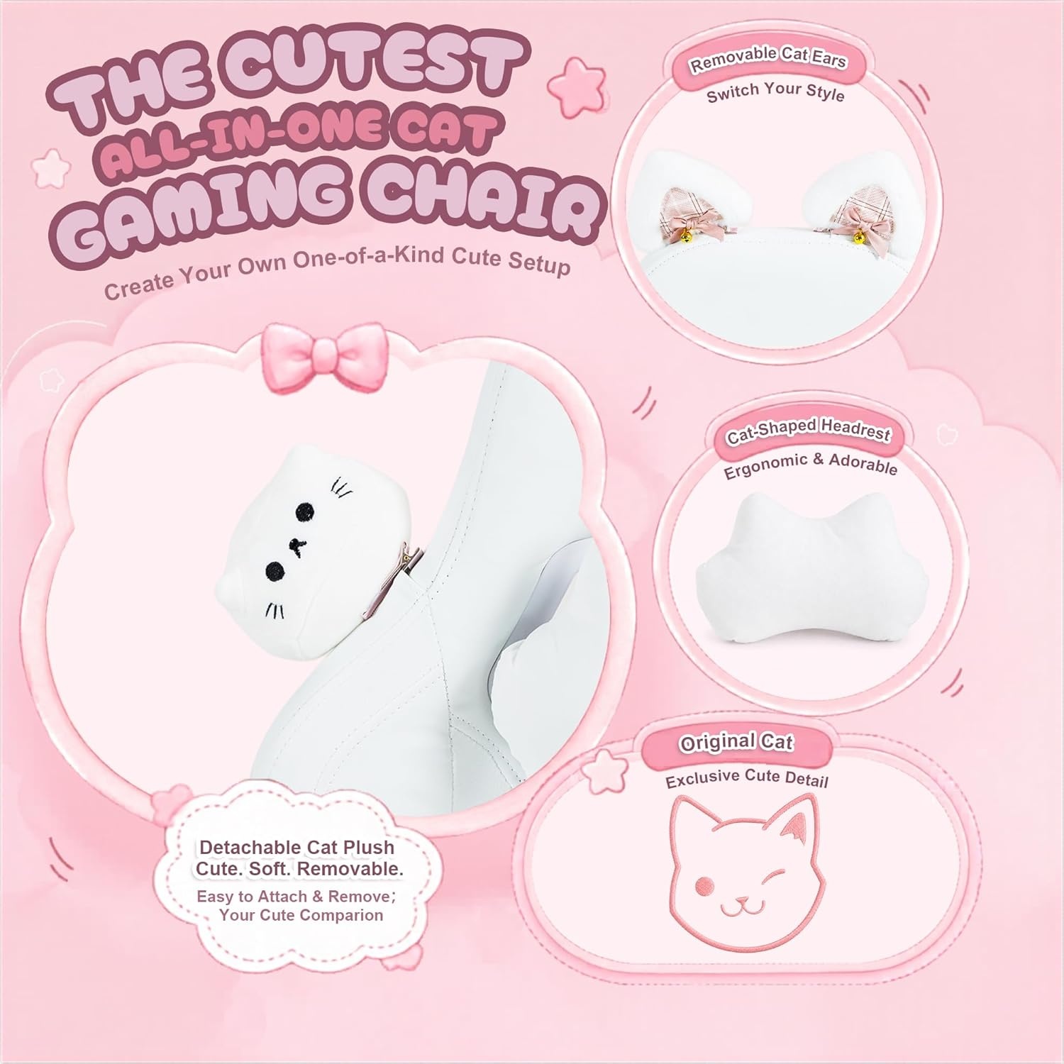 image:imageDowinx Gaming Chair Cute with Cat Ears and Massage Lumbar Support Ergonomic Computer Chair for Girl with Footrest and Headrest Comfortable Reclining Game Chair 290lbs for Adult Teen Blue GreenWhite