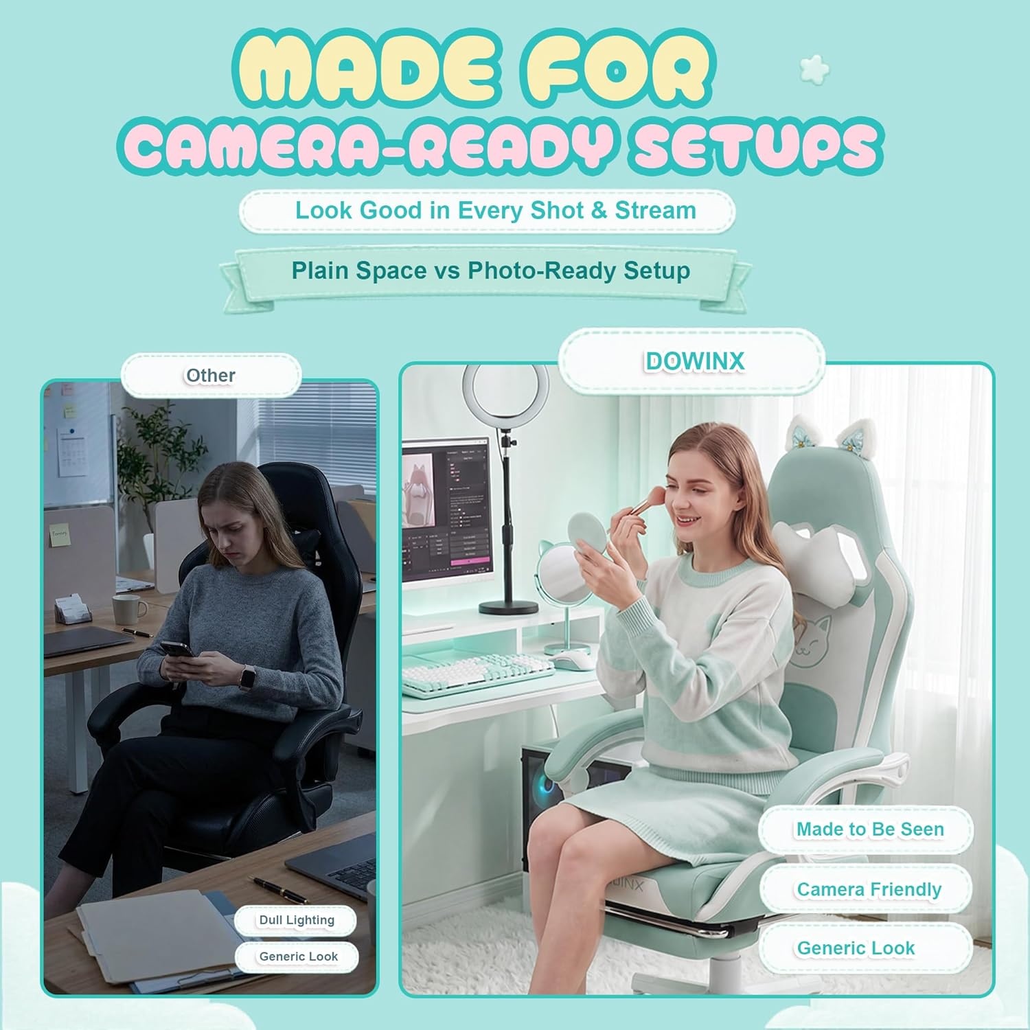 image:imageDowinx Gaming Chair Cute with Cat Ears and Massage Lumbar Support Ergonomic Computer Chair for Girl with Footrest and Headrest Comfortable Reclining Game Chair 290lbs for Adult Teen Blue GreenBlue
