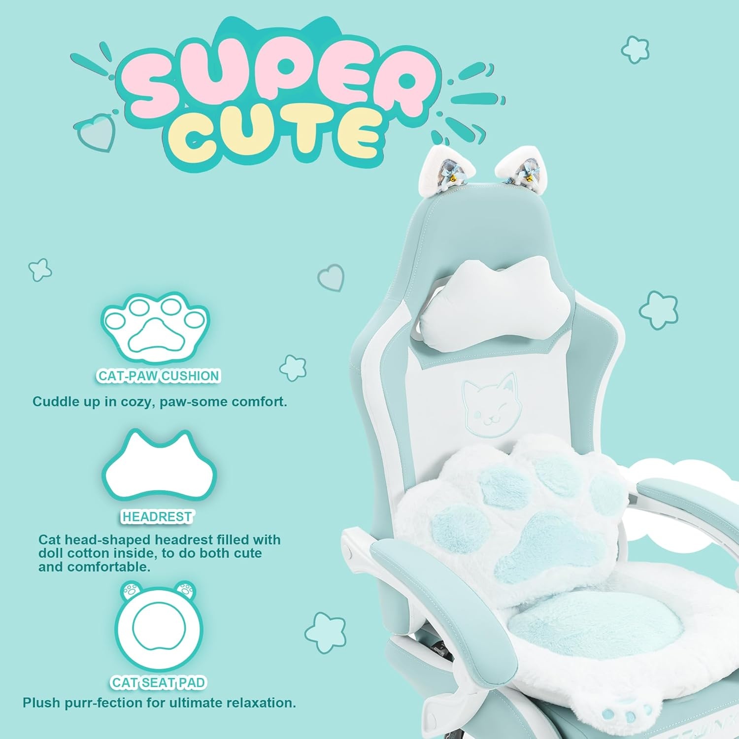image:imageDowinx Gaming Chair Cute with Cat Ears and Massage Lumbar Support Ergonomic Computer Chair for Girl with Footrest and Headrest Comfortable Reclining Game Chair 290lbs for Adult Teen Blue GreenBlue