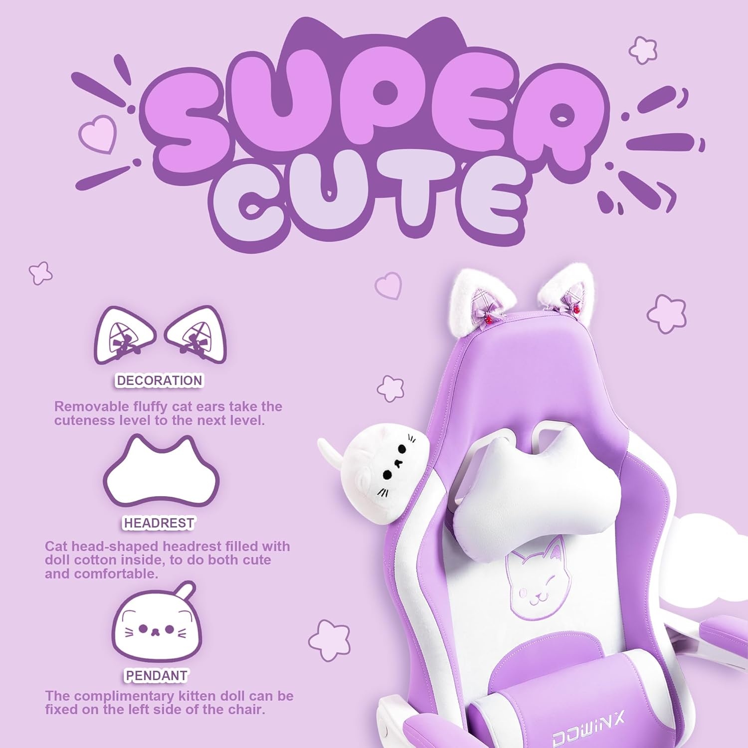 image:imageDowinx Gaming Chair Cute with Cat Ears and Massage Lumbar Support Ergonomic Computer Chair for Girl with Footrest and Headrest Comfortable Reclining Game Chair 290lbs for Adult Teen Blue GreenPurple