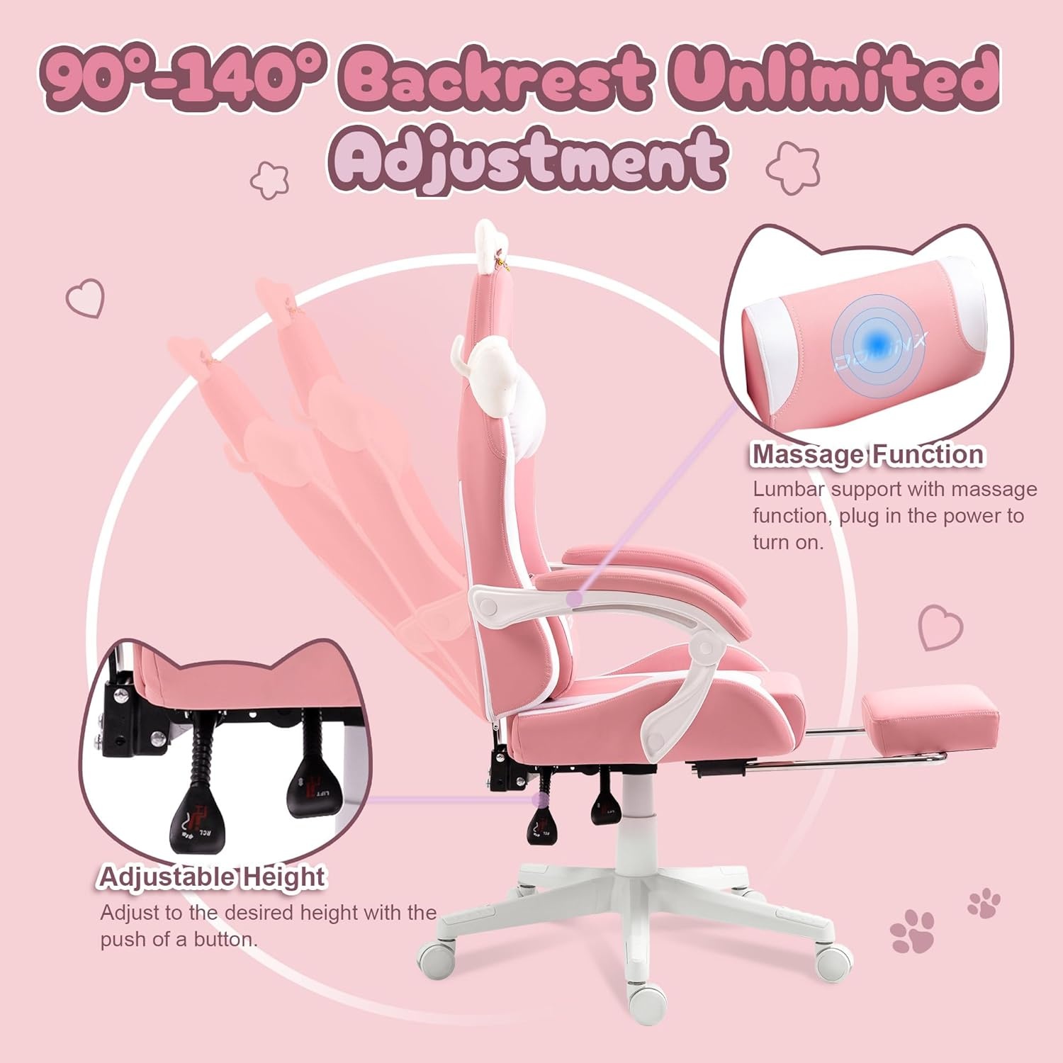 image:imageDowinx Gaming Chair Cute with Cat Ears and Massage Lumbar Support Ergonomic Computer Chair for Girl with Footrest and Headrest Comfortable Reclining Game Chair 290lbs for Adult Teen Blue GreenPink