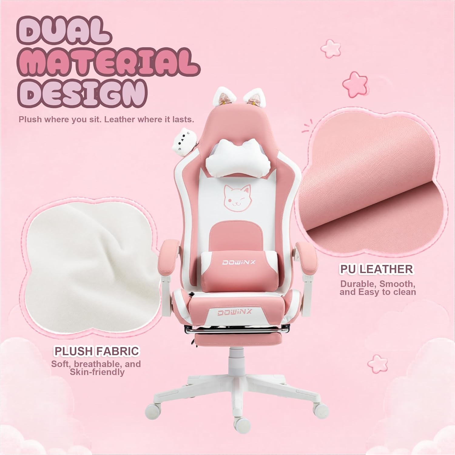 image:imageDowinx Gaming Chair Cute with Cat Ears and Massage Lumbar Support Ergonomic Computer Chair for Girl with Footrest and Headrest Comfortable Reclining Game Chair 290lbs for Adult Teen Blue GreenPink