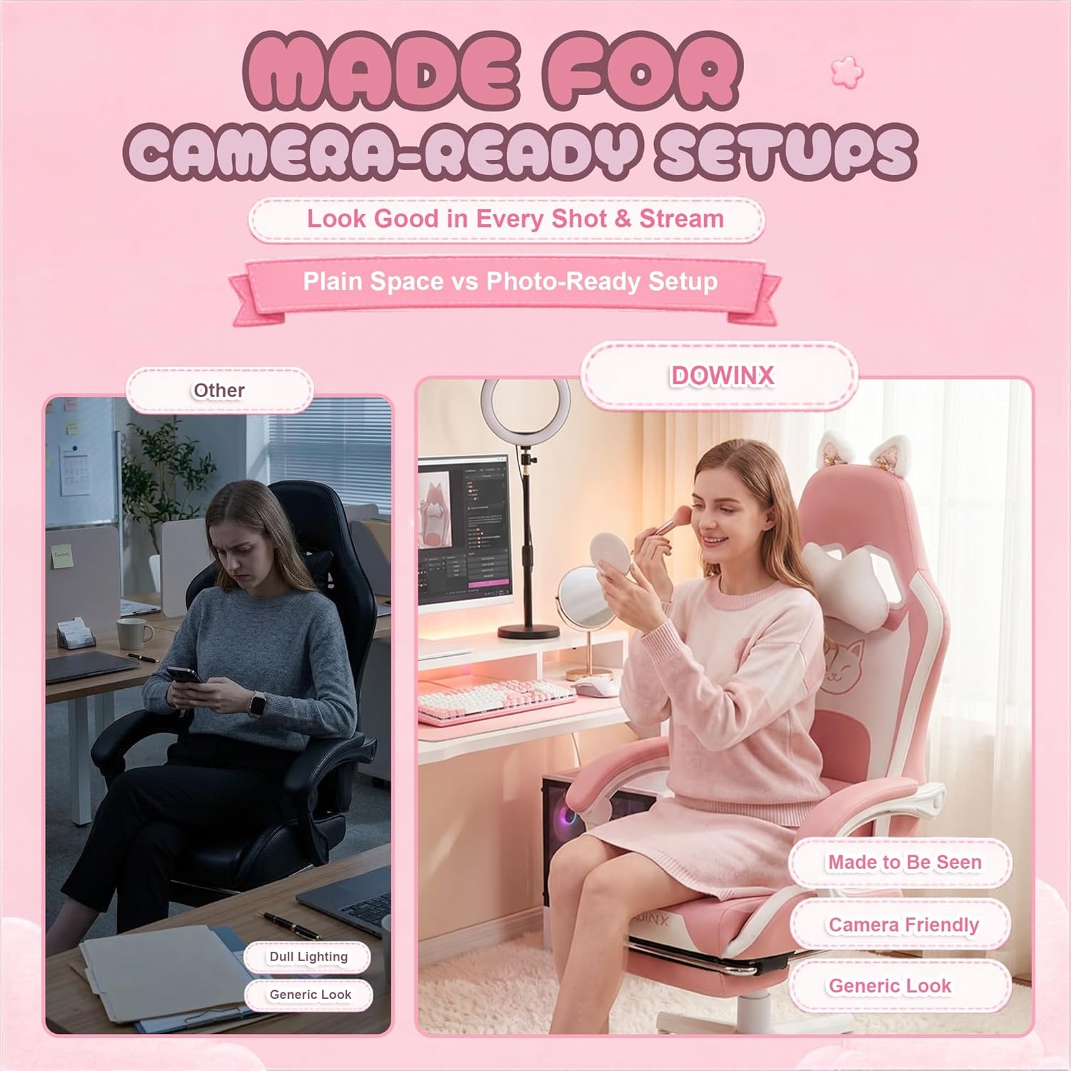 image:imageDowinx Gaming Chair Cute with Cat Ears and Massage Lumbar Support Ergonomic Computer Chair for Girl with Footrest and Headrest Comfortable Reclining Game Chair 290lbs for Adult Teen Blue GreenPink