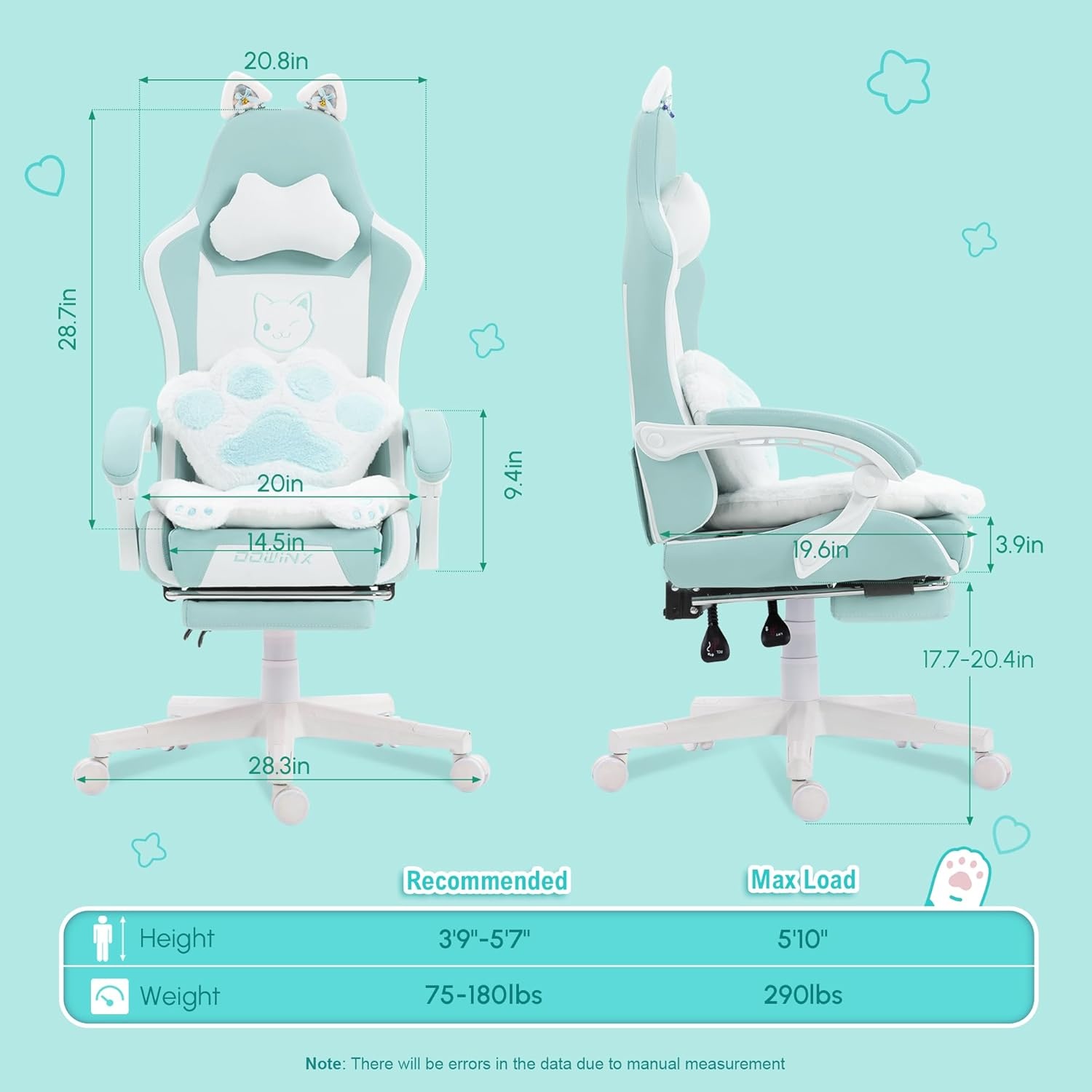 image:imageDowinx Gaming Chair Cute with Cat Ears and Massage Lumbar Support Ergonomic Computer Chair for Girl with Footrest and Headrest Comfortable Reclining Game Chair 290lbs for Adult Teen Blue GreenBlue