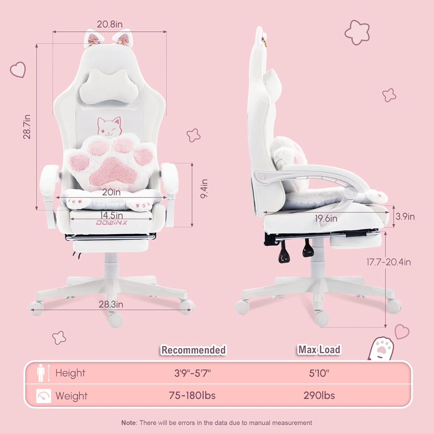 image:imageDowinx Gaming Chair Cute with Cat Ears and Massage Lumbar Support Ergonomic Computer Chair for Girl with Footrest and Headrest Comfortable Reclining Game Chair 290lbs for Adult Teen Blue GreenWhite