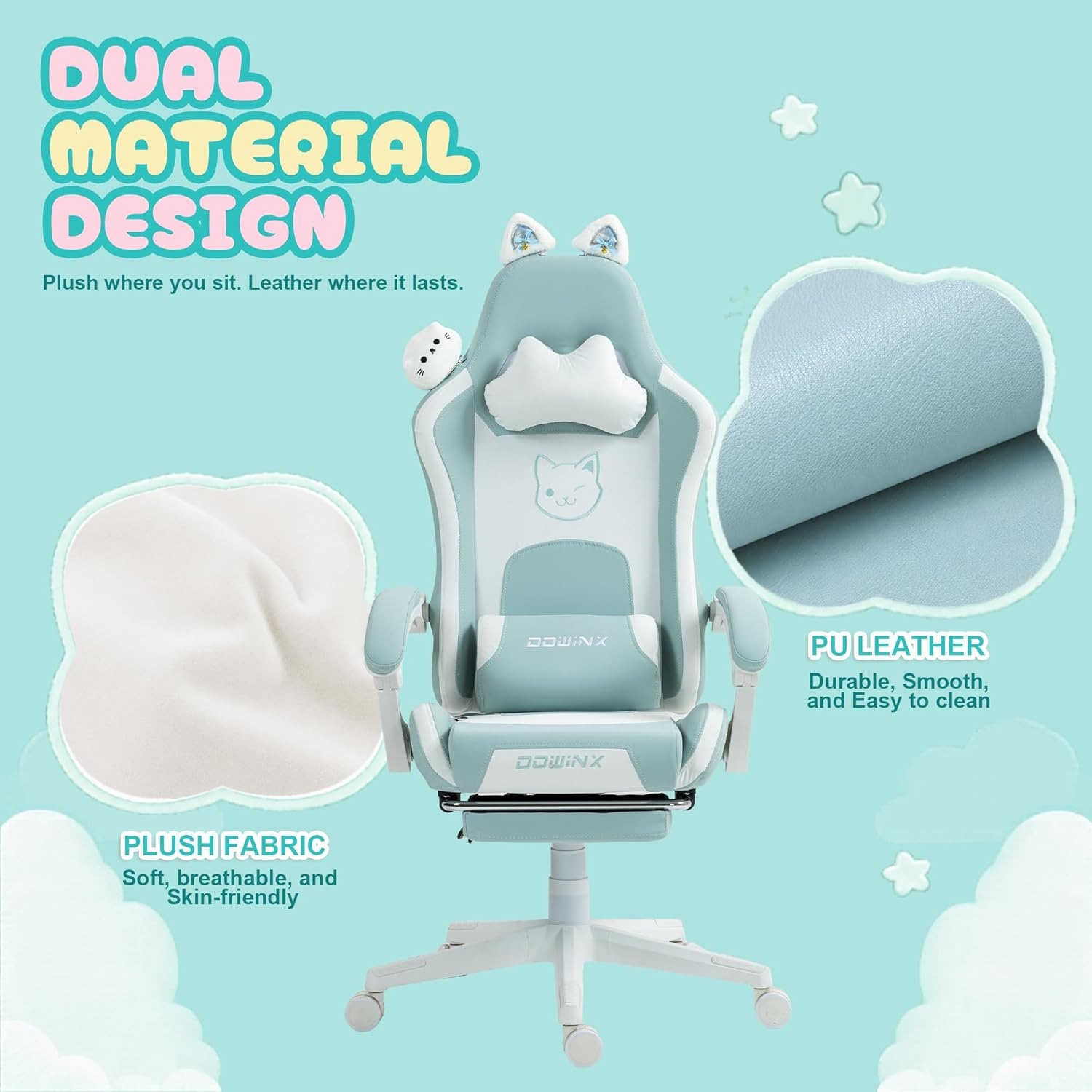 image:imageDowinx Gaming Chair Cute with Cat Ears and Massage Lumbar Support Ergonomic Computer Chair for Girl with Footrest and Headrest Comfortable Reclining Game Chair 290lbs for Adult Teen Blue GreenBlue