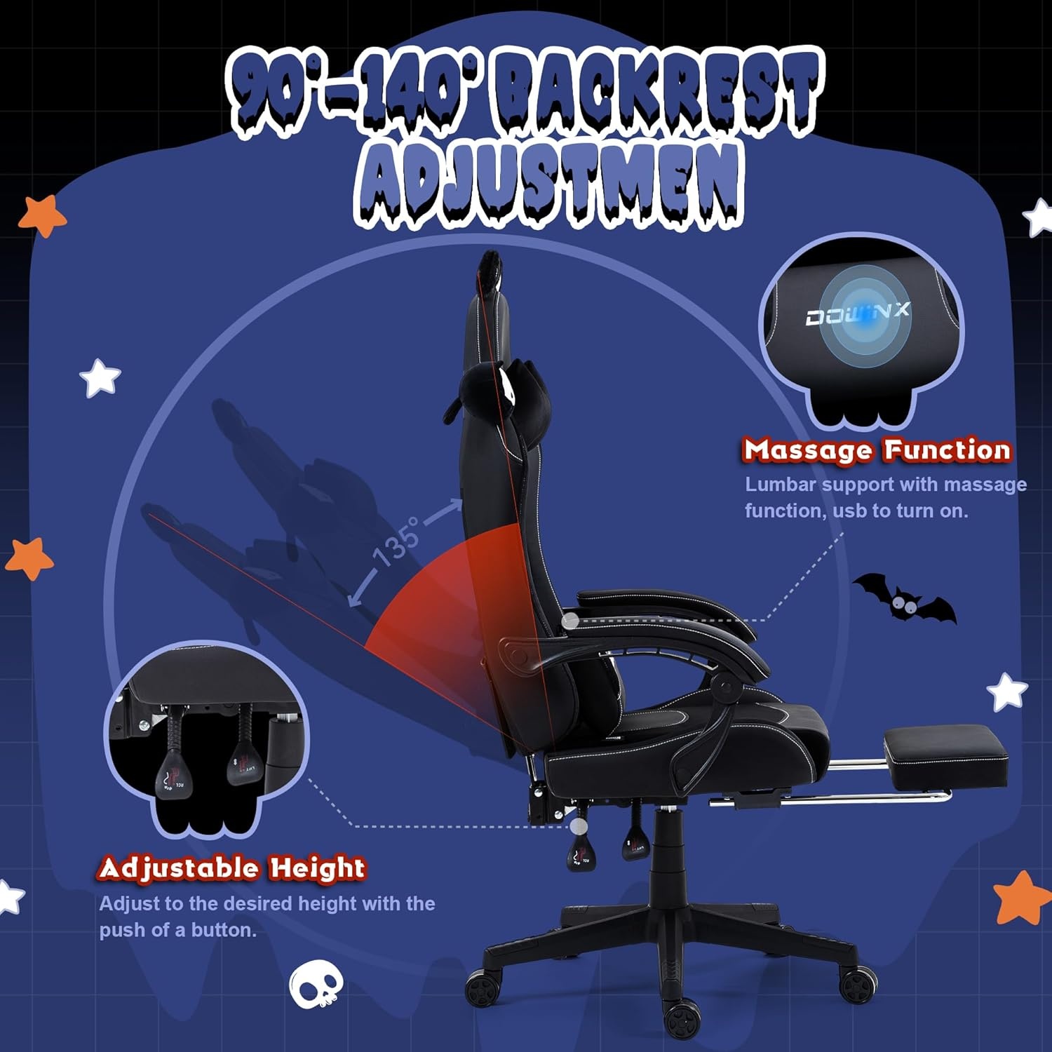 image:imageDowinx Gaming Chair Cute with Cat Ears and Massage Lumbar Support Ergonomic Computer Chair for Girl with Footrest and Headrest Comfortable Reclining Game Chair 290lbs for Adult Teen Blue GreenAll Black