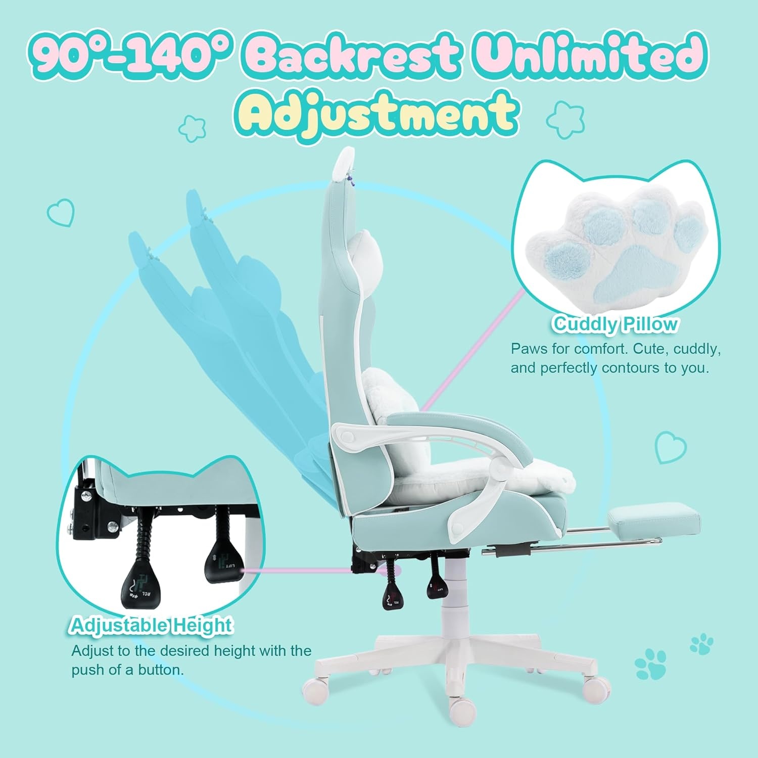 image:imageDowinx Gaming Chair Cute with Cat Ears and Massage Lumbar Support Ergonomic Computer Chair for Girl with Footrest and Headrest Comfortable Reclining Game Chair 290lbs for Adult Teen Blue GreenBlue