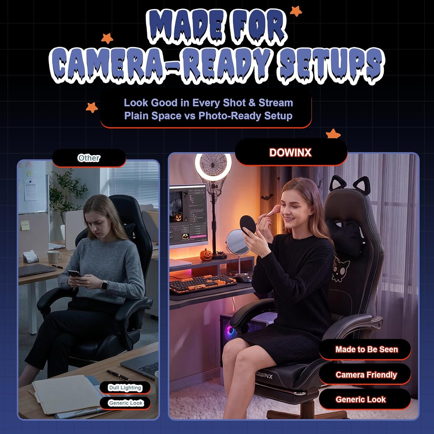 image:imageDowinx Gaming Chair Cute with Cat Ears and Massage Lumbar Support Ergonomic Computer Chair for Girl with Footrest and Headrest Comfortable Reclining Game Chair 290lbs for Adult Teen Blue GreenAll Black