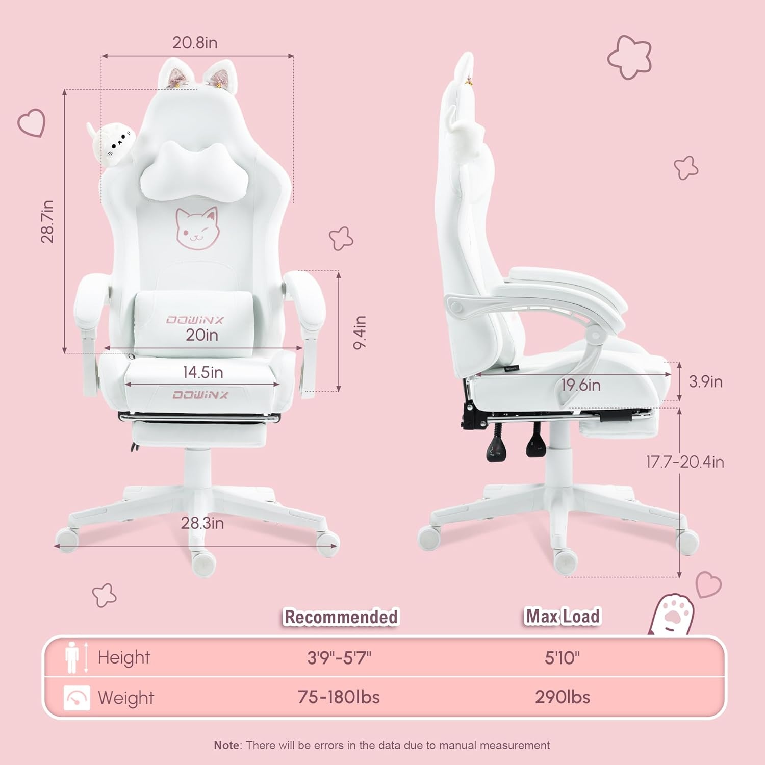 image:imageDowinx Gaming Chair Cute with Cat Ears and Massage Lumbar Support Ergonomic Computer Chair for Girl with Footrest and Headrest Comfortable Reclining Game Chair 290lbs for Adult Teen Blue GreenWhite