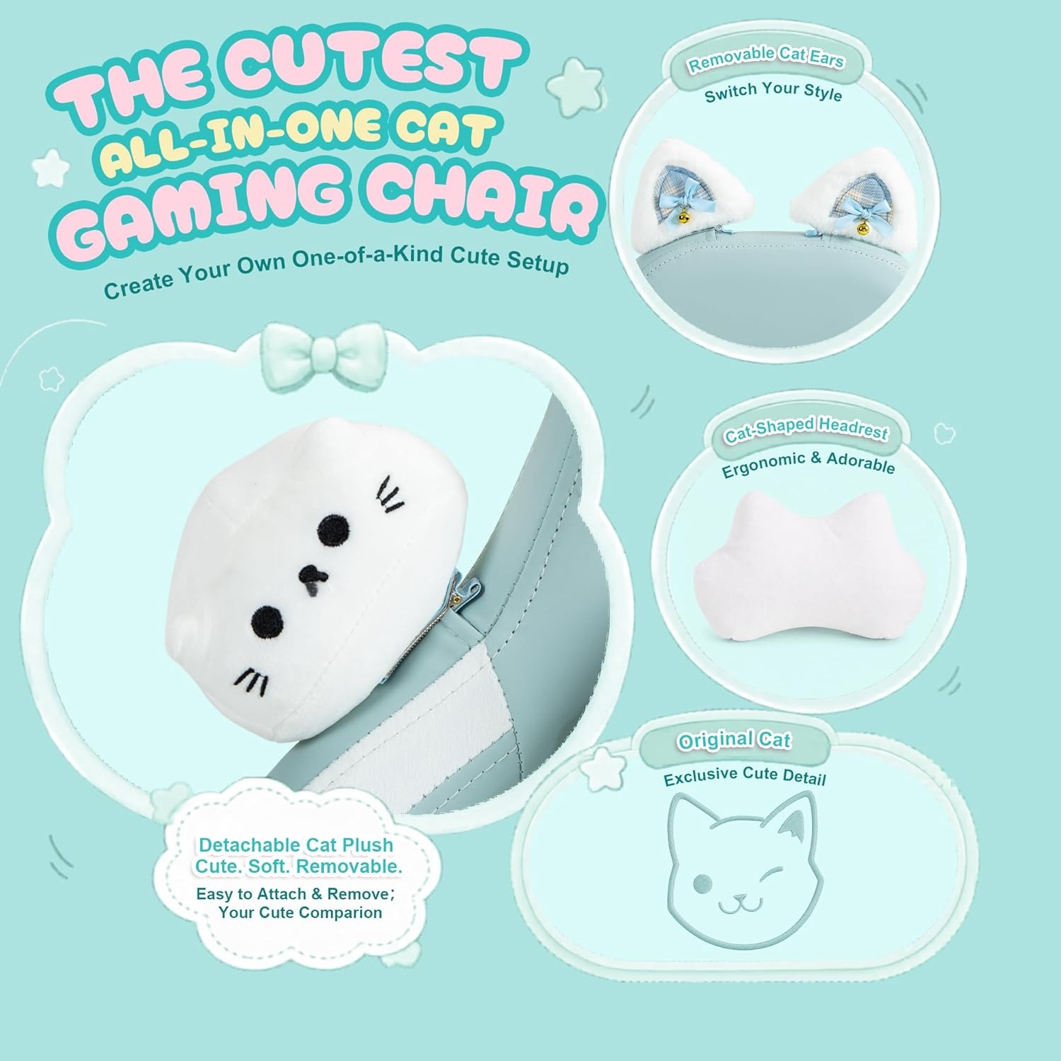 image:imageDowinx Gaming Chair Cute with Cat Ears and Massage Lumbar Support Ergonomic Computer Chair for Girl with Footrest and Headrest Comfortable Reclining Game Chair 290lbs for Adult Teen Blue GreenBlue