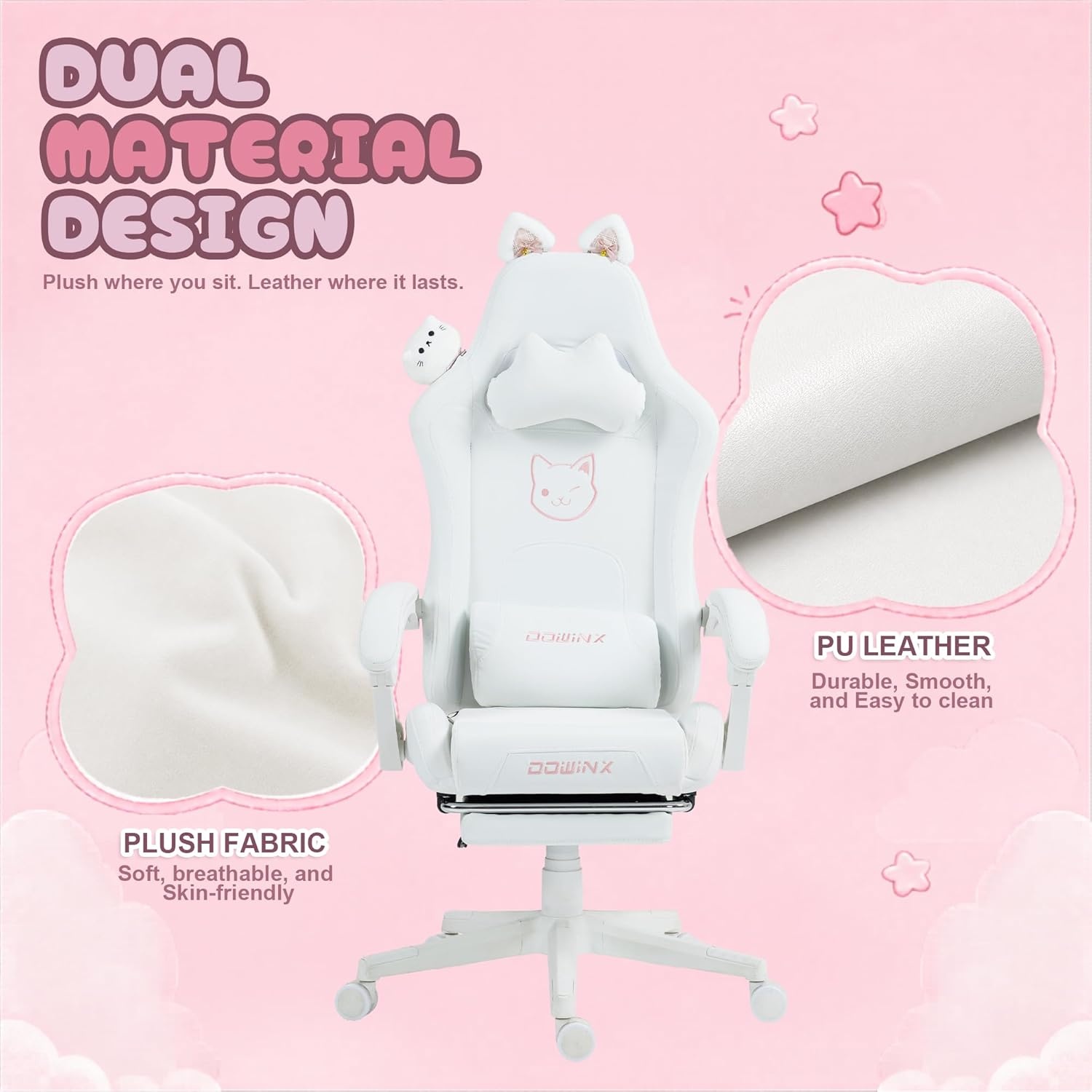 image:imageDowinx Gaming Chair Cute with Cat Ears and Massage Lumbar Support Ergonomic Computer Chair for Girl with Footrest and Headrest Comfortable Reclining Game Chair 290lbs for Adult Teen Blue GreenWhite