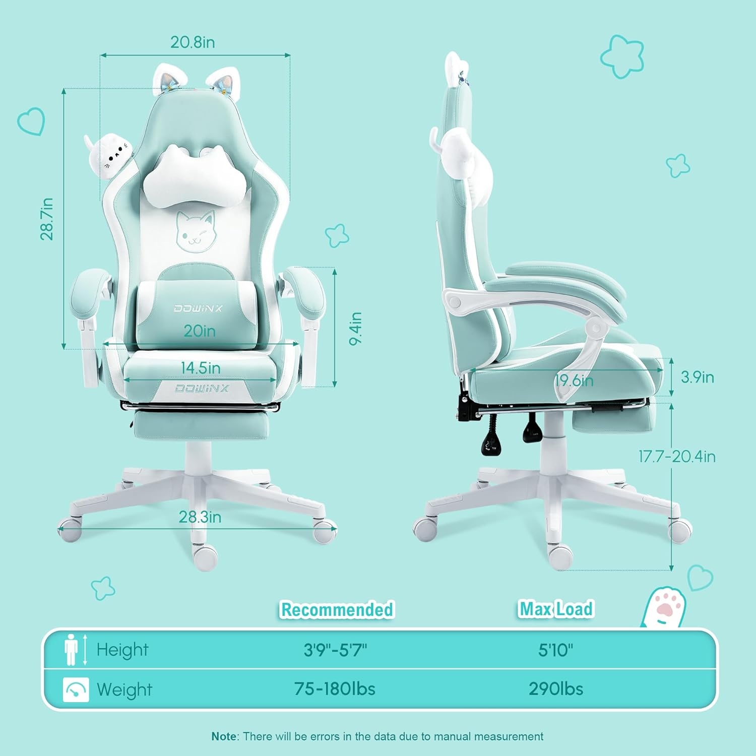 image:imageDowinx Gaming Chair Cute with Cat Ears and Massage Lumbar Support Ergonomic Computer Chair for Girl with Footrest and Headrest Comfortable Reclining Game Chair 290lbs for Adult Teen Blue GreenBlue