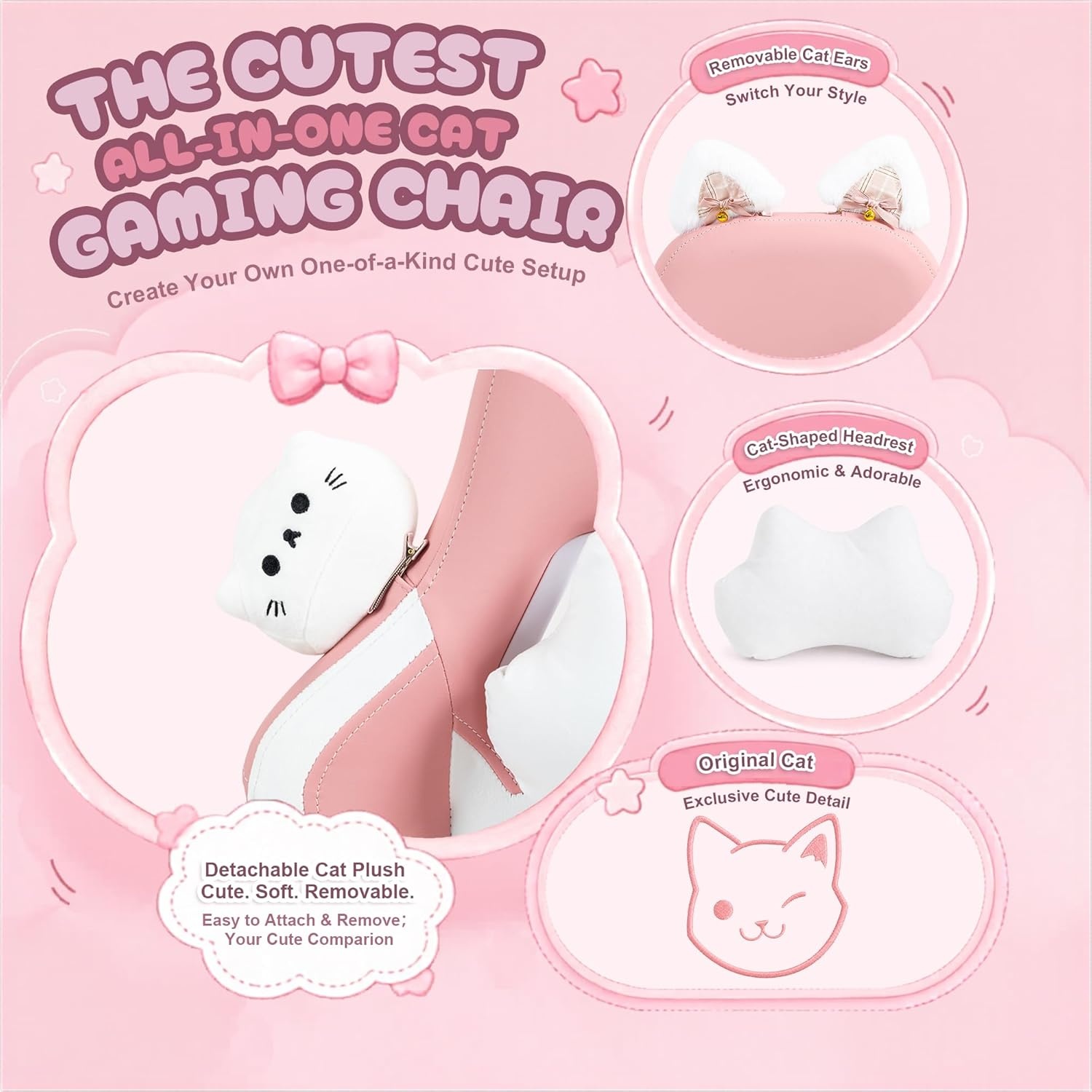 image:imageDowinx Gaming Chair Cute with Cat Ears and Massage Lumbar Support Ergonomic Computer Chair for Girl with Footrest and Headrest Comfortable Reclining Game Chair 290lbs for Adult Teen Blue GreenPink