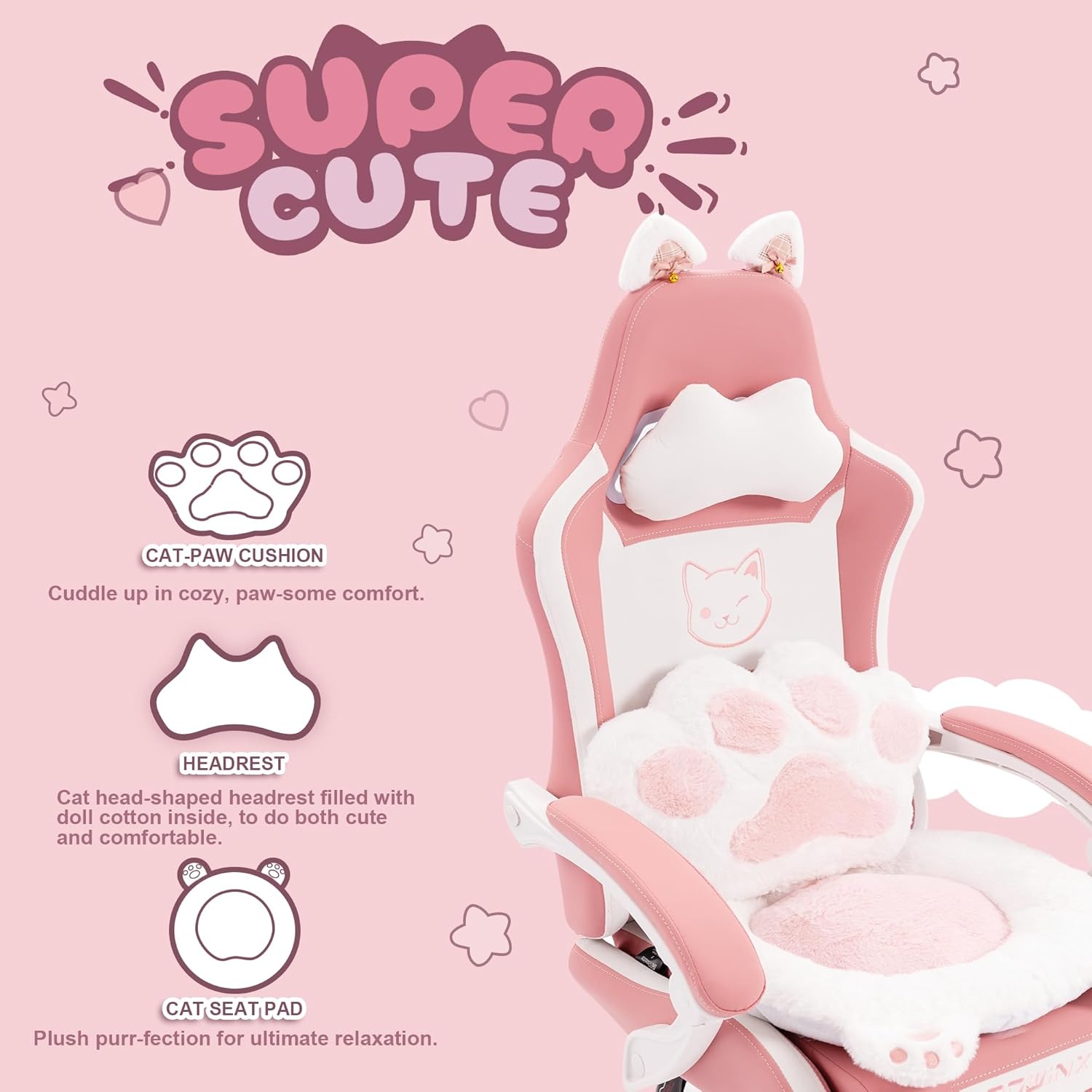 image:imageDowinx Gaming Chair Cute with Cat Ears and Massage Lumbar Support Ergonomic Computer Chair for Girl with Footrest and Headrest Comfortable Reclining Game Chair 290lbs for Adult Teen Blue GreenPink