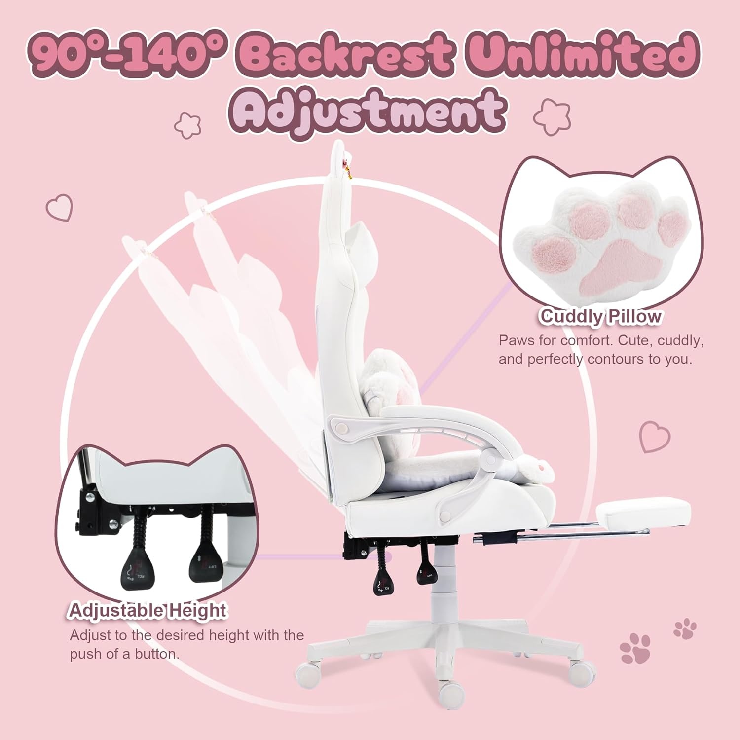 image:imageDowinx Gaming Chair Cute with Cat Ears and Massage Lumbar Support Ergonomic Computer Chair for Girl with Footrest and Headrest Comfortable Reclining Game Chair 290lbs for Adult Teen Blue GreenWhite
