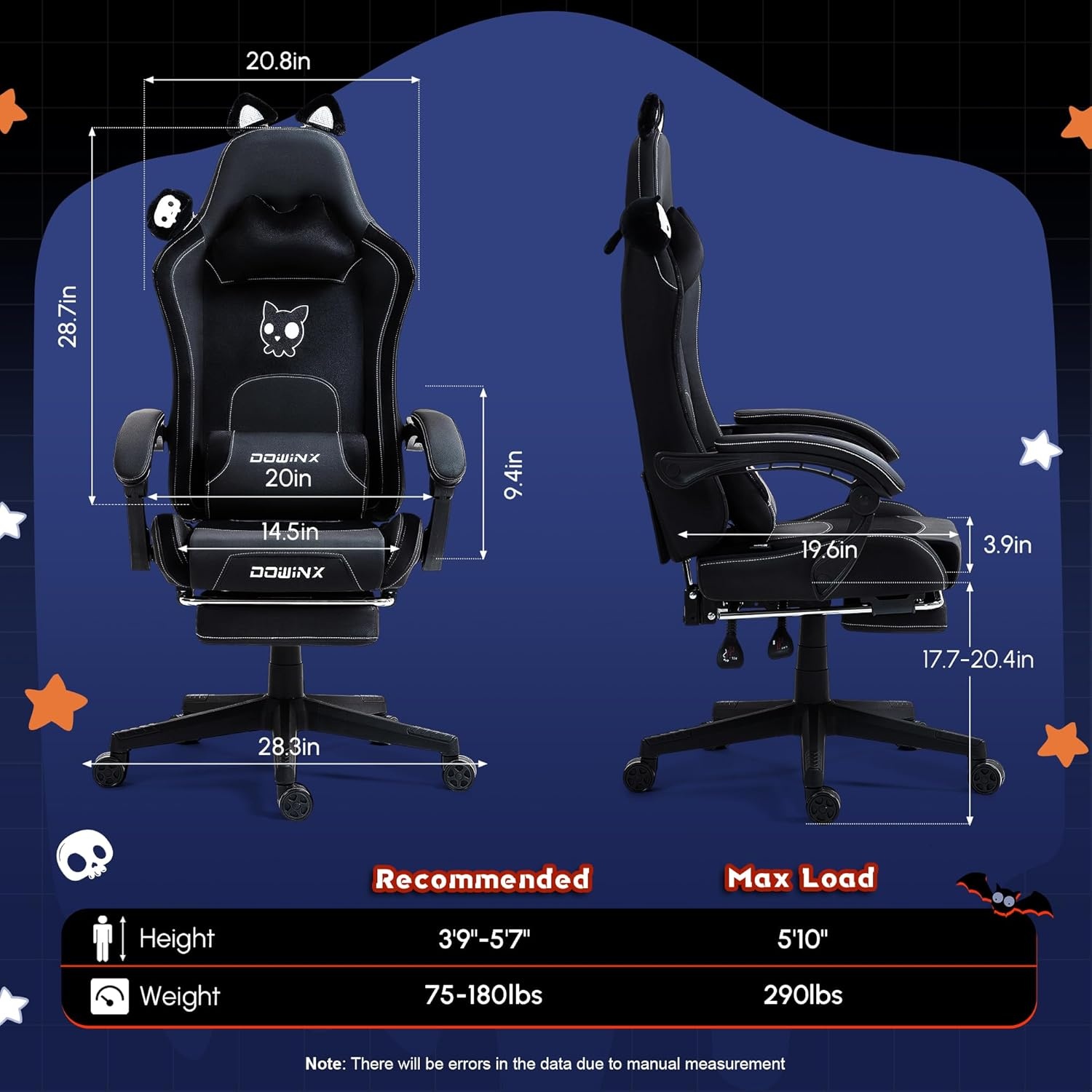 image:imageDowinx Gaming Chair Cute with Cat Ears and Massage Lumbar Support Ergonomic Computer Chair for Girl with Footrest and Headrest Comfortable Reclining Game Chair 290lbs for Adult Teen Blue GreenAll Black