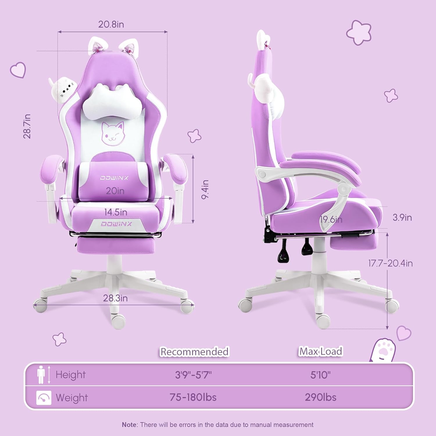 image:imageDowinx Gaming Chair Cute with Cat Ears and Massage Lumbar Support Ergonomic Computer Chair for Girl with Footrest and Headrest Comfortable Reclining Game Chair 290lbs for Adult Teen Blue GreenPurple