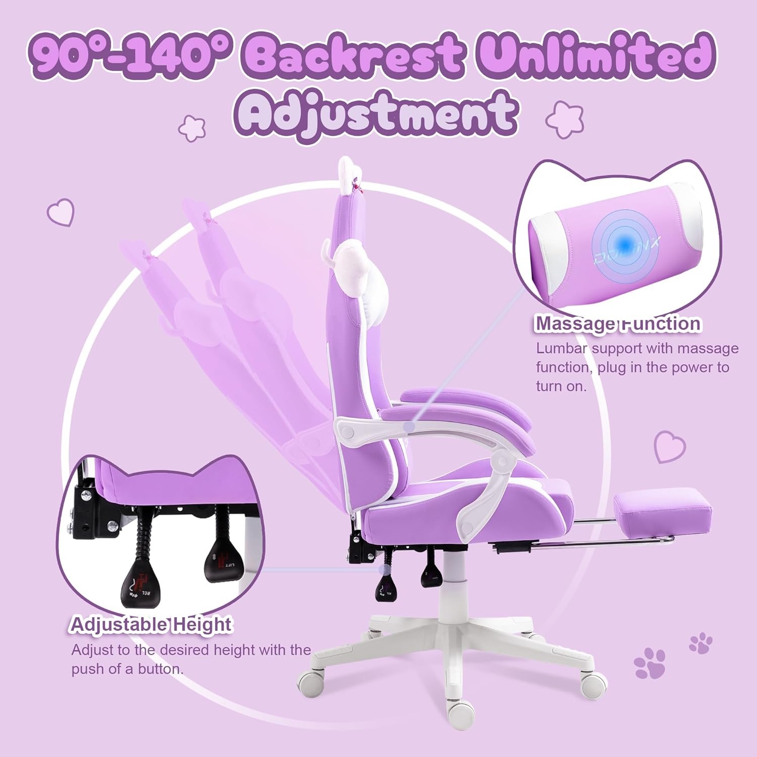 image:imageDowinx Gaming Chair Cute with Cat Ears and Massage Lumbar Support Ergonomic Computer Chair for Girl with Footrest and Headrest Comfortable Reclining Game Chair 290lbs for Adult Teen Blue GreenPurple