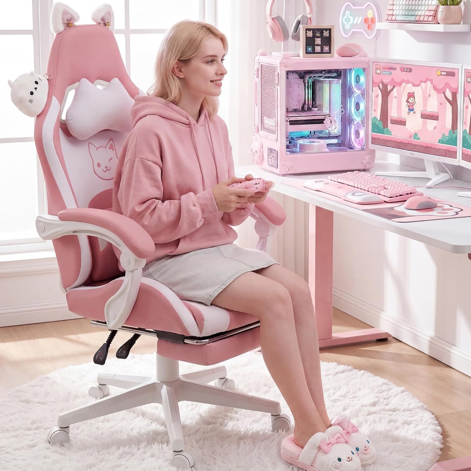 image:imageDowinx Gaming Chair Cute with Cat Ears and Massage Lumbar Support Ergonomic Computer Chair for Girl with Footrest and Headrest Comfortable Reclining Game Chair 290lbs for Adult Teen Blue GreenPink