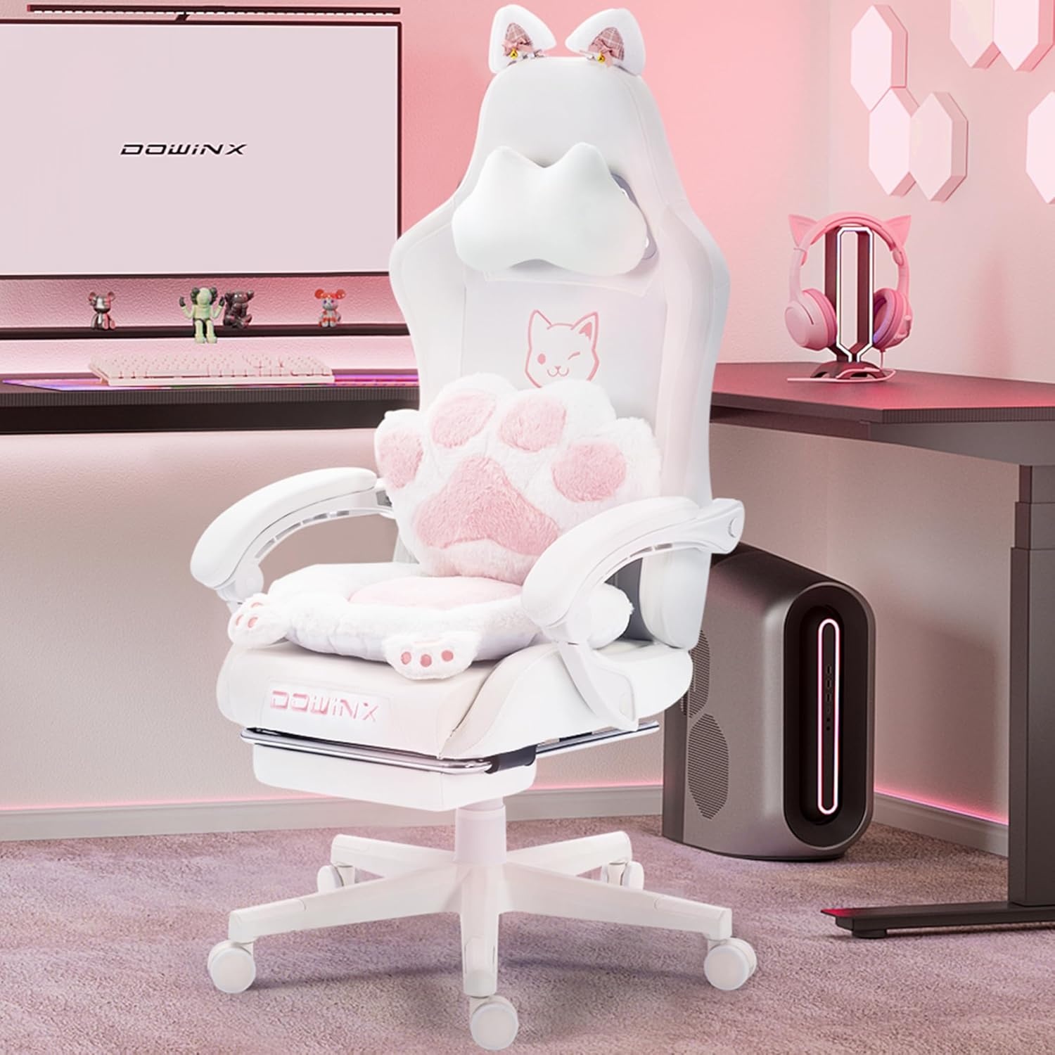 image:imageDowinx Gaming Chair Cute with Cat Ears and Massage Lumbar Support Ergonomic Computer Chair for Girl with Footrest and Headrest Comfortable Reclining Game Chair 290lbs for Adult Teen Blue GreenWhite