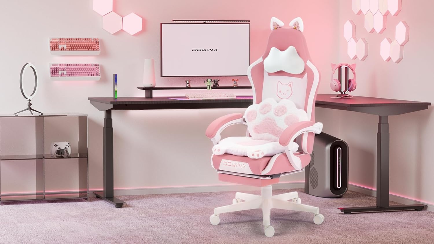image:imageDowinx Gaming Chair Cute with Cat Ears and Massage Lumbar Support Ergonomic Computer Chair for Girl with Footrest and Headrest Comfortable Reclining Game Chair 290lbs for Adult Teen Blue GreenPink